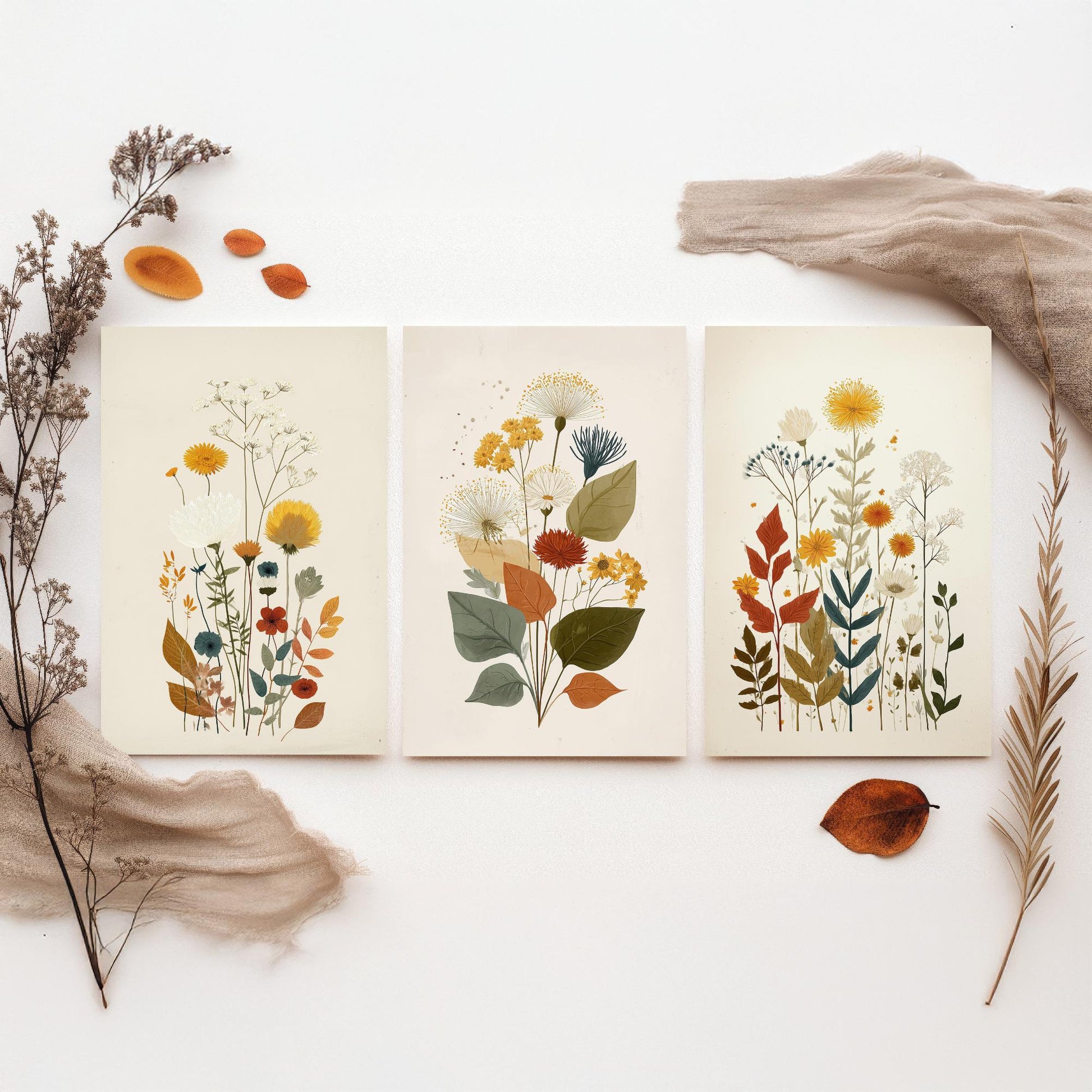 Vintage Floral Set of Three Art Prints | Orange Daisy Dandelion Modern Illustration Poster V7