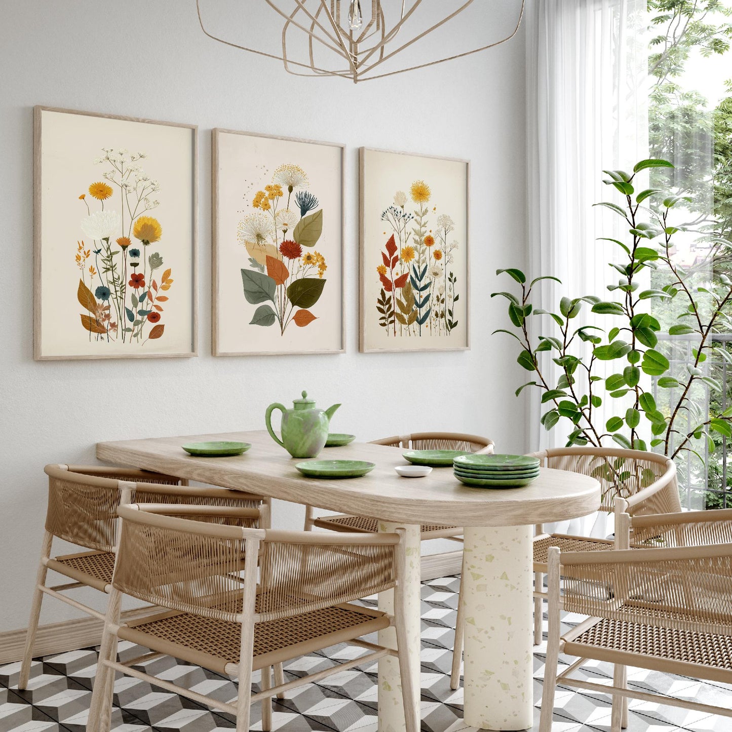 Vintage Floral Set of Three Art Prints | Orange Daisy Dandelion Modern Illustration Poster V7