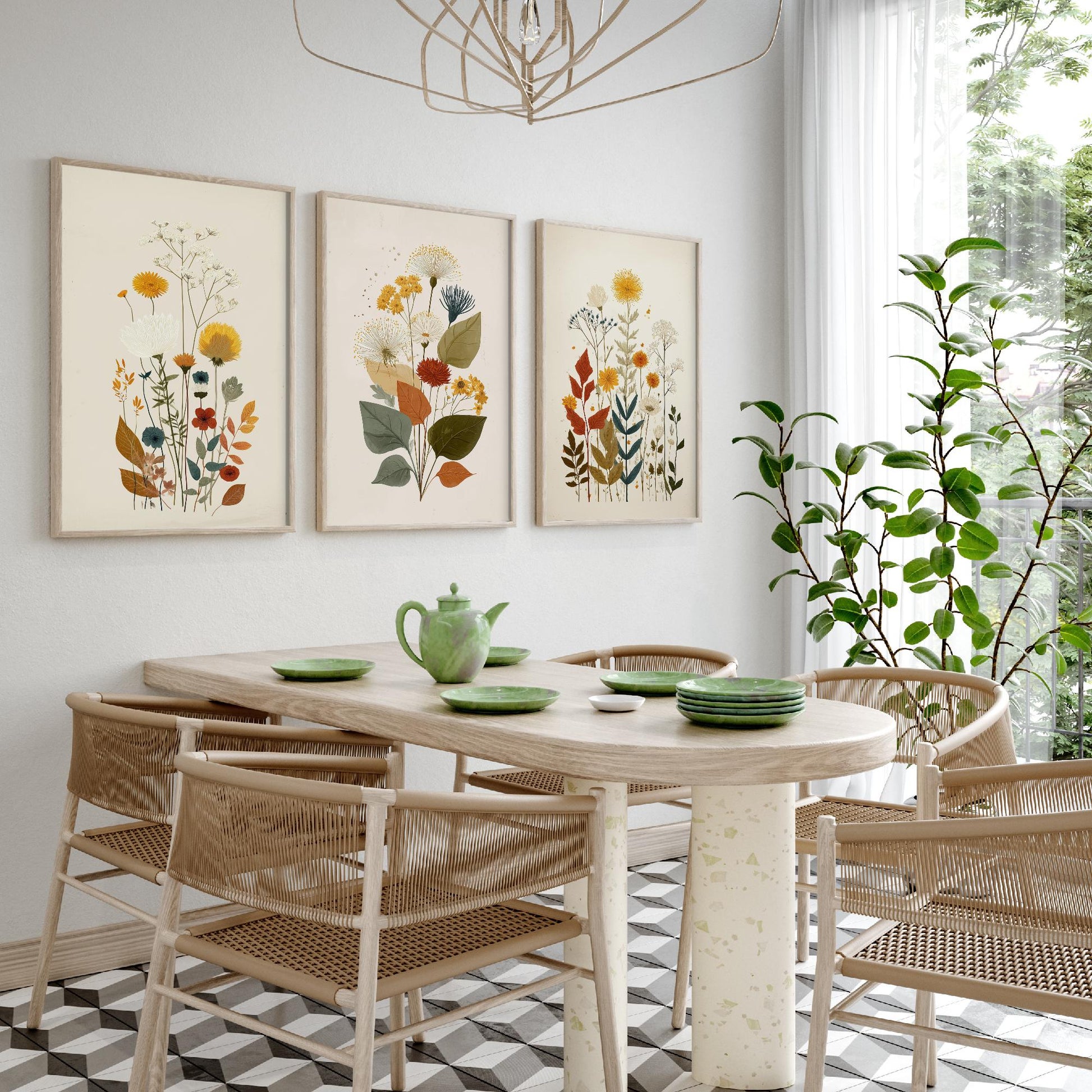 Vintage Floral Set of Three Art Prints | Orange Daisy Dandelion Modern Illustration Poster V7