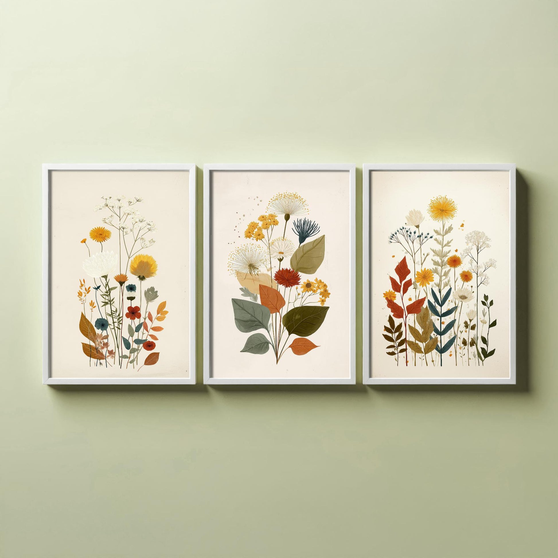 Vintage Floral Set of Three Art Prints | Orange Daisy Dandelion Modern Illustration Poster V7