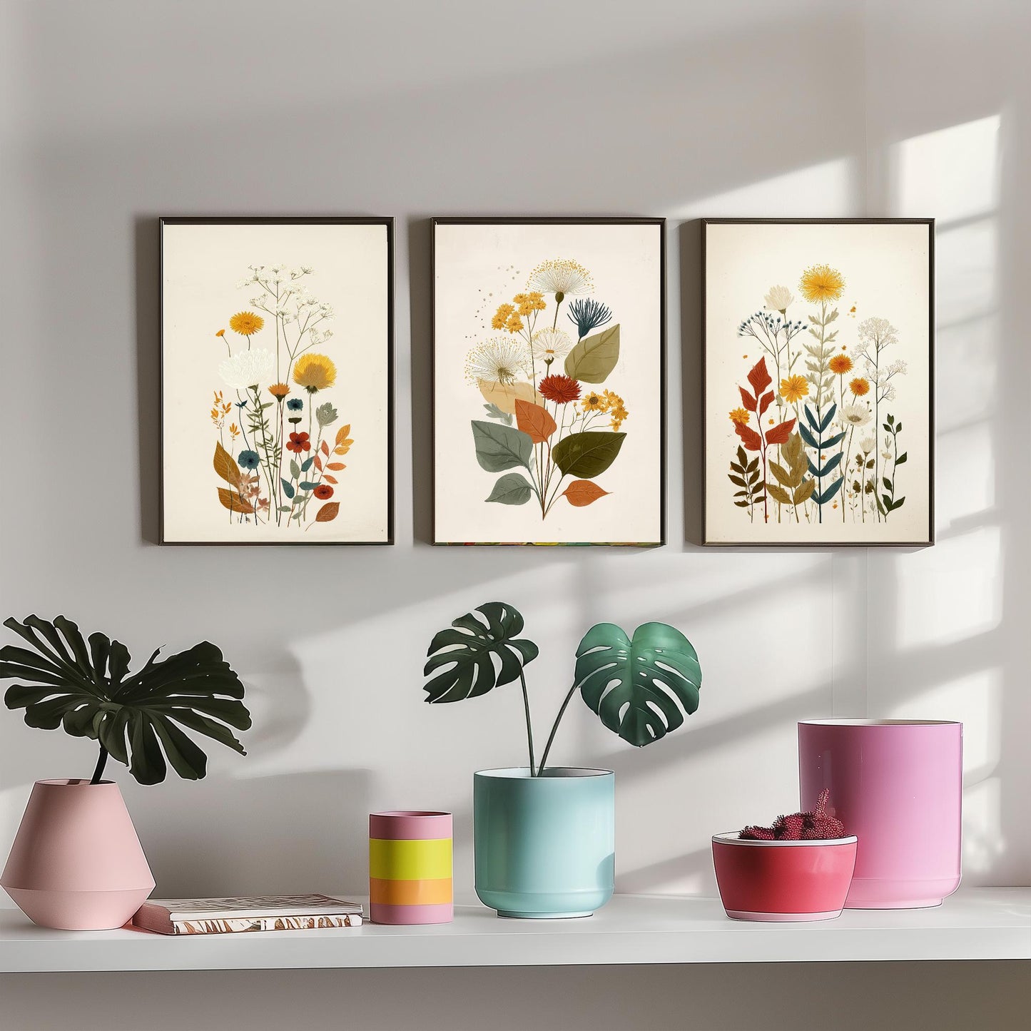 Vintage Floral Set of Three Art Prints | Orange Daisy Dandelion Modern Illustration Poster V7