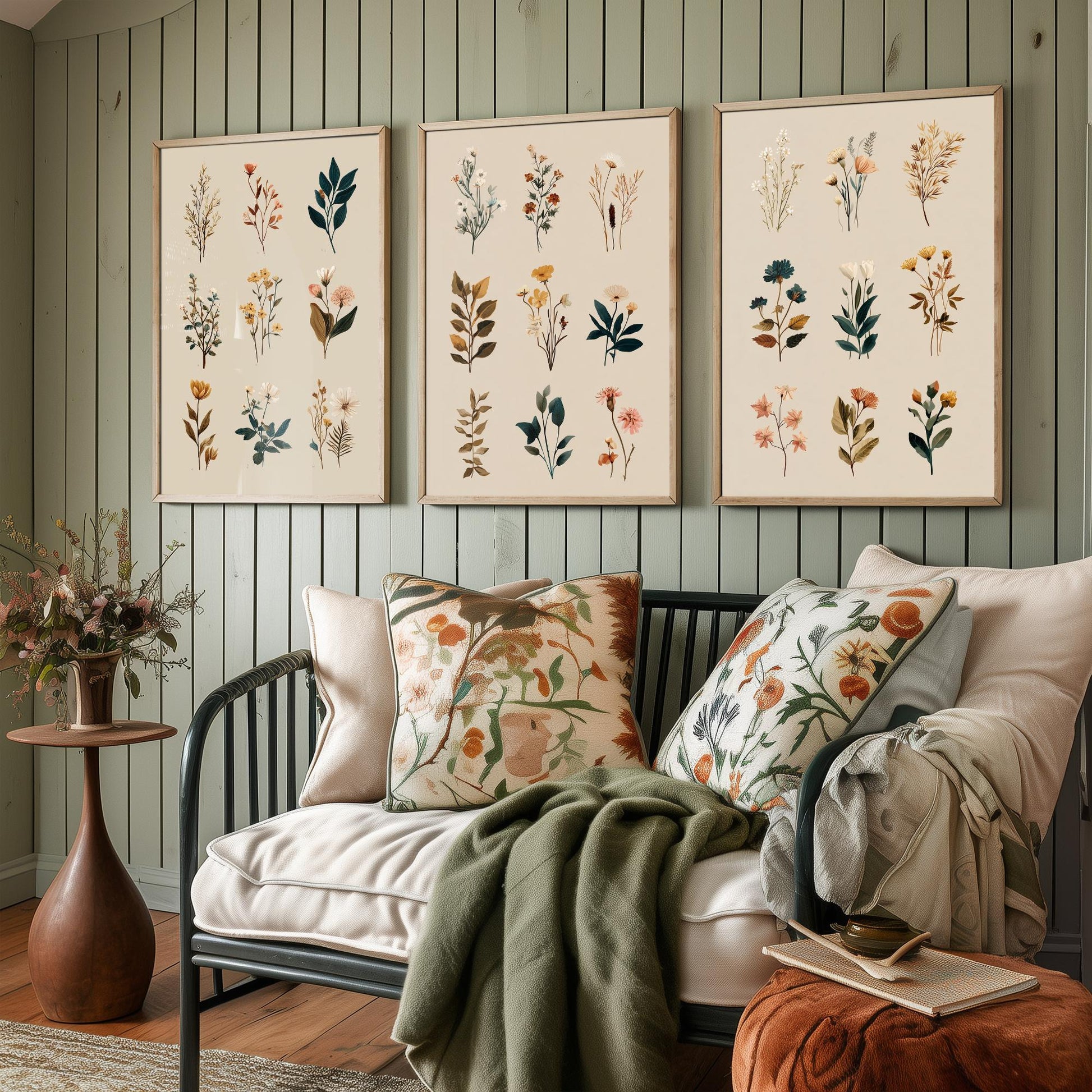 Vintage Botanical Set of Three Art Prints | Pressed Wildflower Sprig Specimen Illustration Poster V8