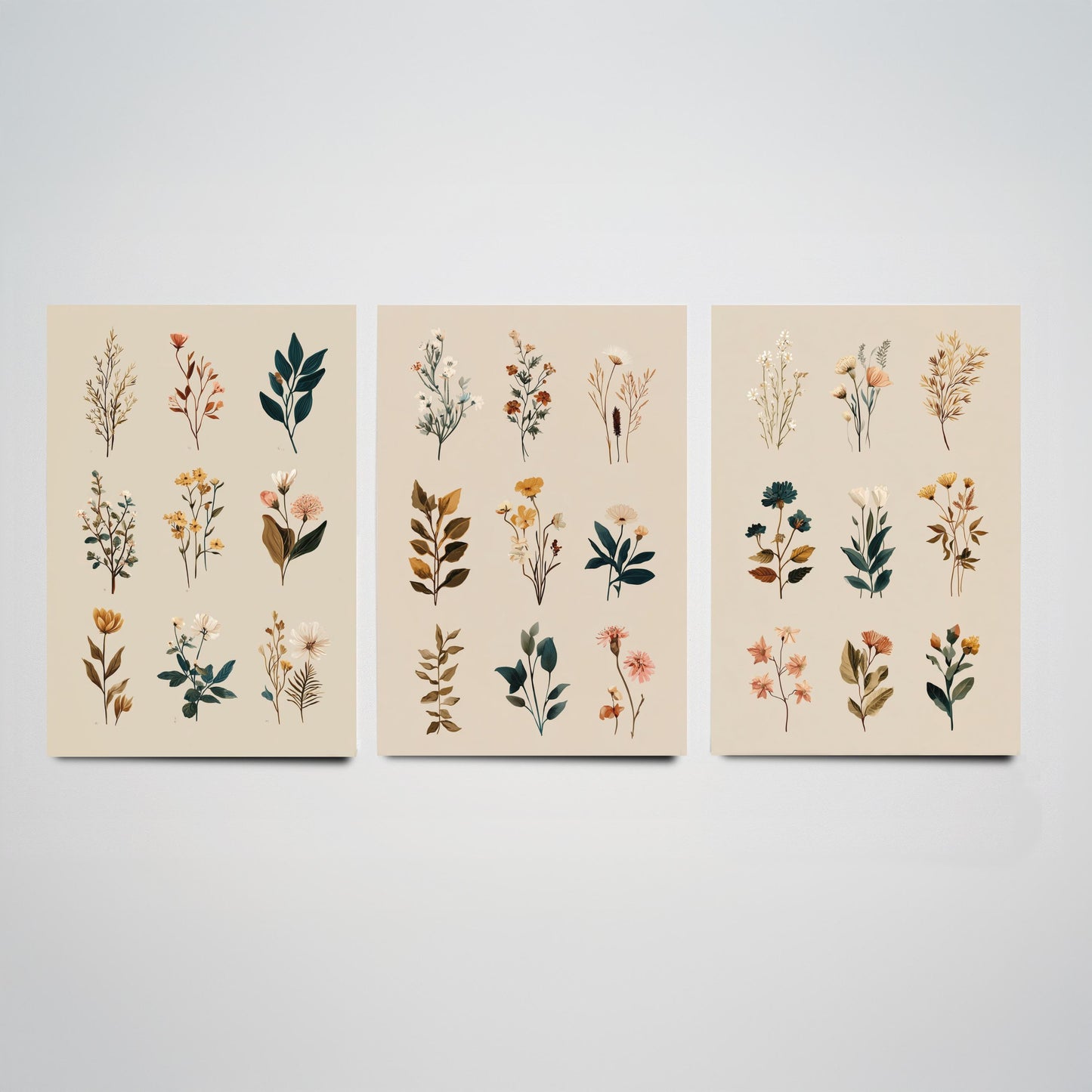 Vintage Botanical Set of Three Art Prints | Pressed Wildflower Sprig Specimen Illustration Poster V8
