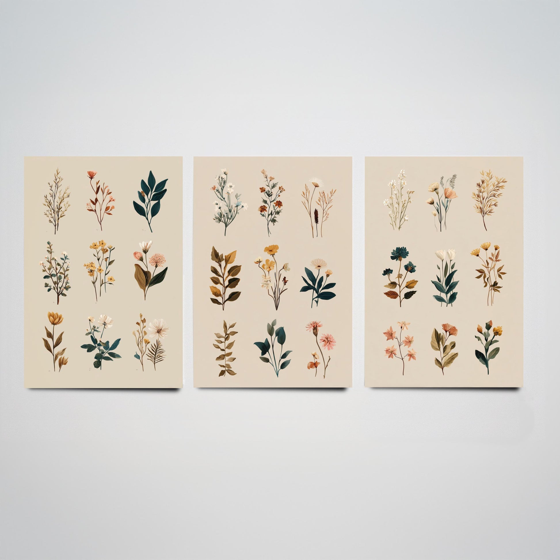 Vintage Botanical Set of Three Art Prints | Pressed Wildflower Sprig Specimen Illustration Poster V8
