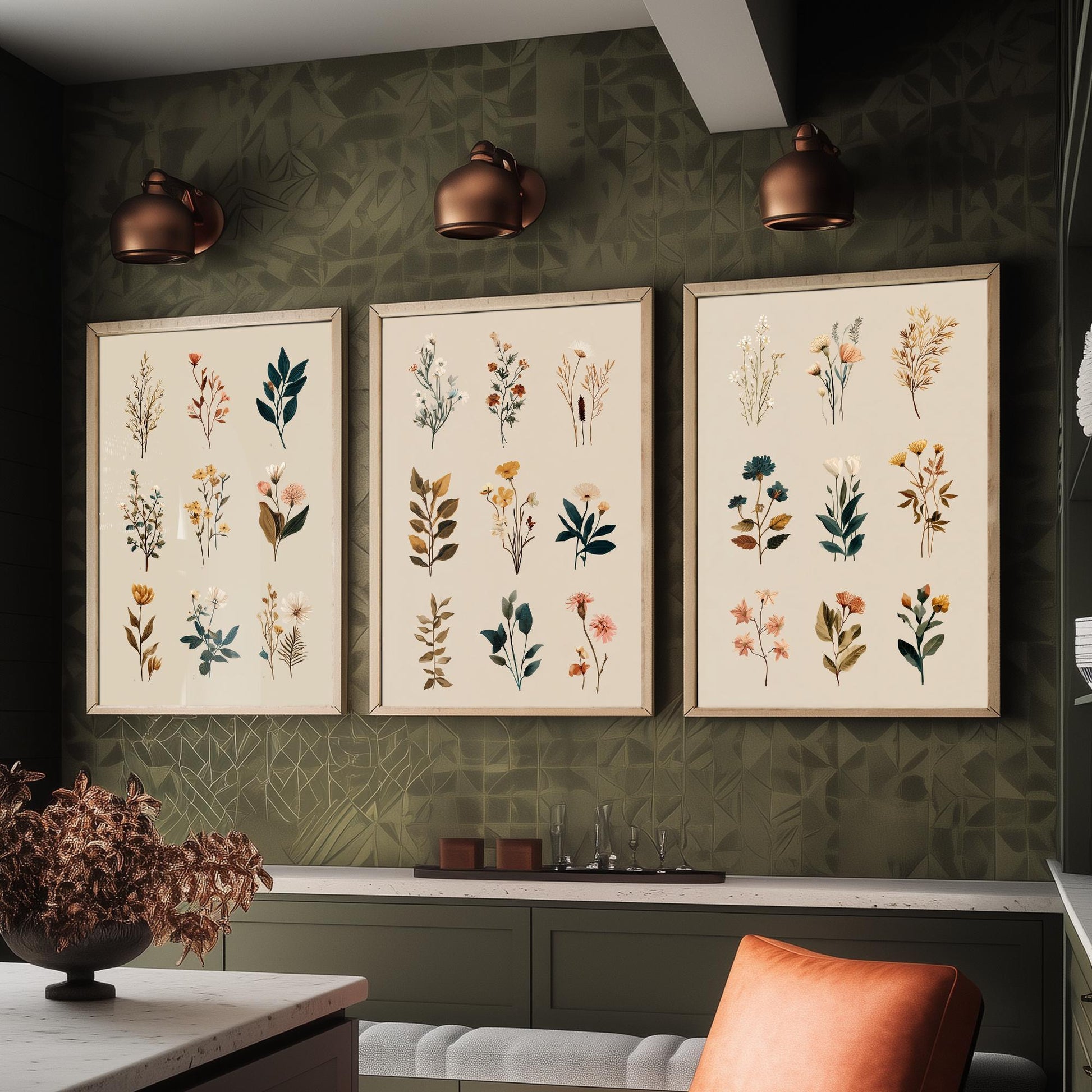 Vintage Botanical Set of Three Art Prints | Pressed Wildflower Sprig Specimen Illustration Poster V8