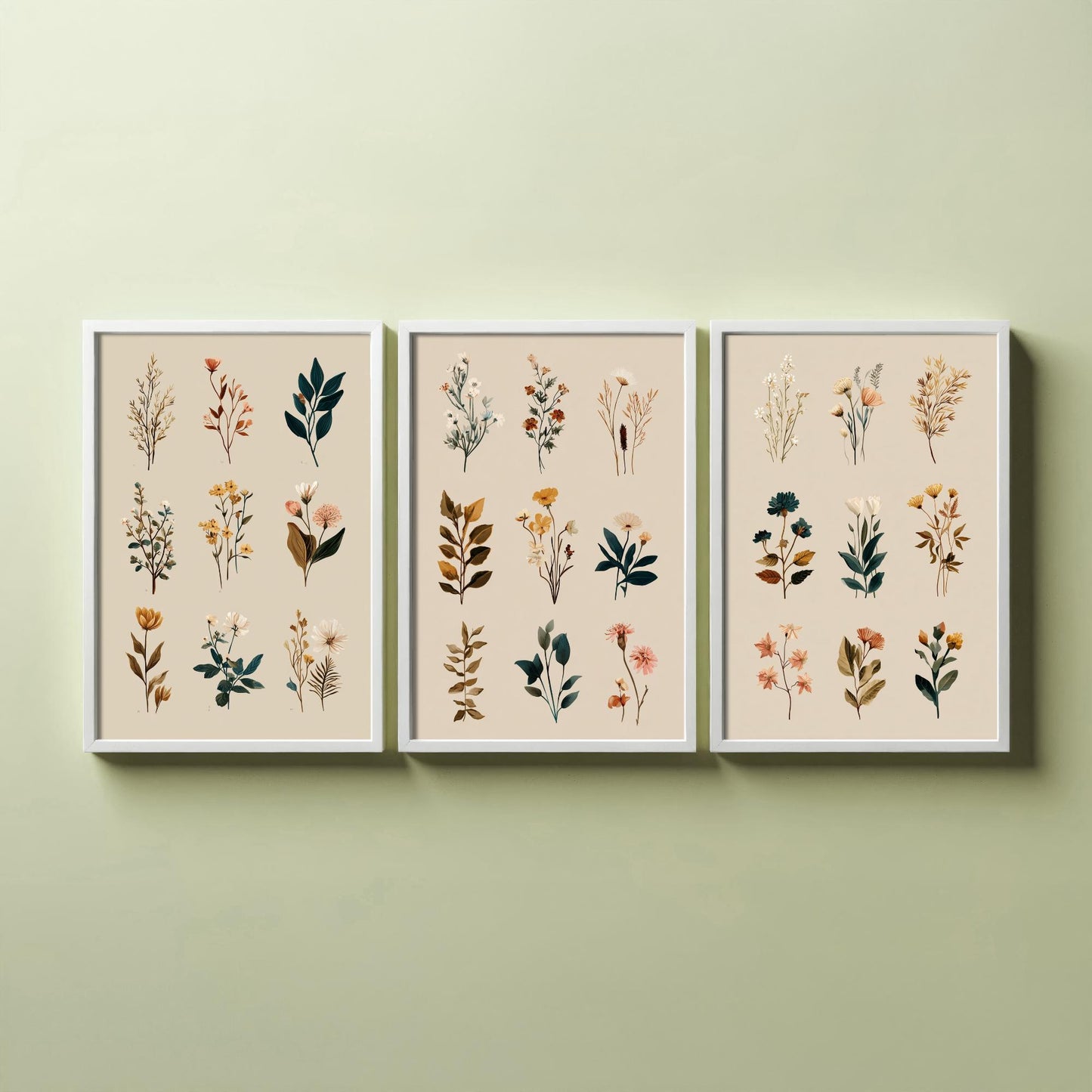 Vintage Botanical Set of Three Art Prints | Pressed Wildflower Sprig Specimen Illustration Poster V8