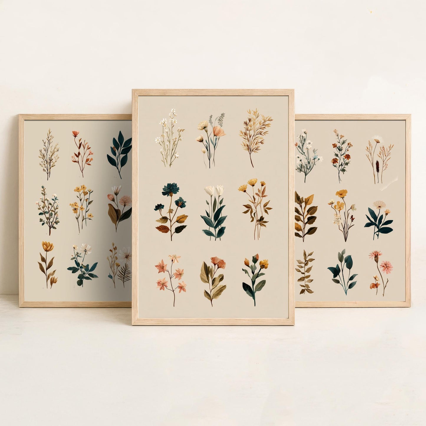 Vintage Botanical Set of Three Art Prints | Pressed Wildflower Sprig Specimen Illustration Poster V8