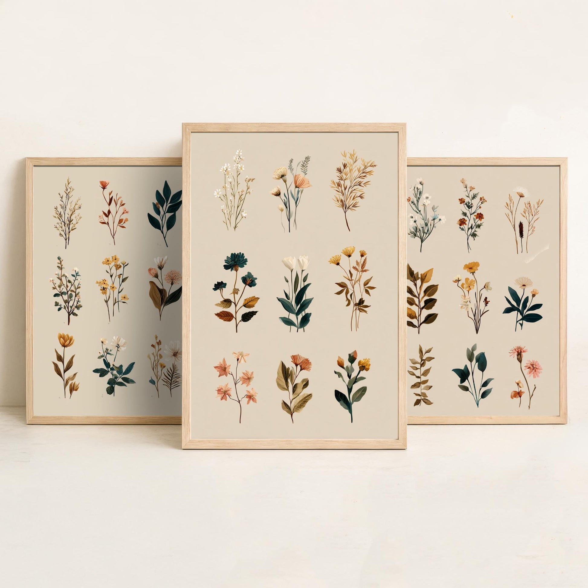 Vintage Botanical Set of Three Art Prints | Pressed Wildflower Sprig Specimen Illustration Poster V8