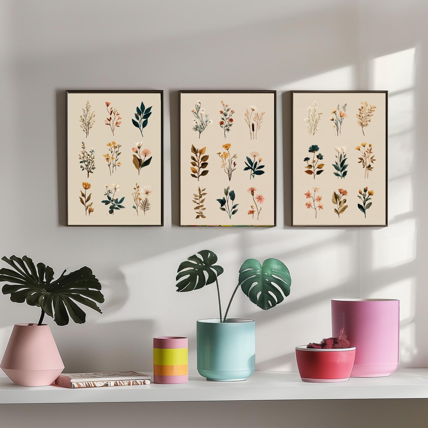 Vintage Botanical Set of Three Art Prints | Pressed Wildflower Sprig Specimen Illustration Poster V8