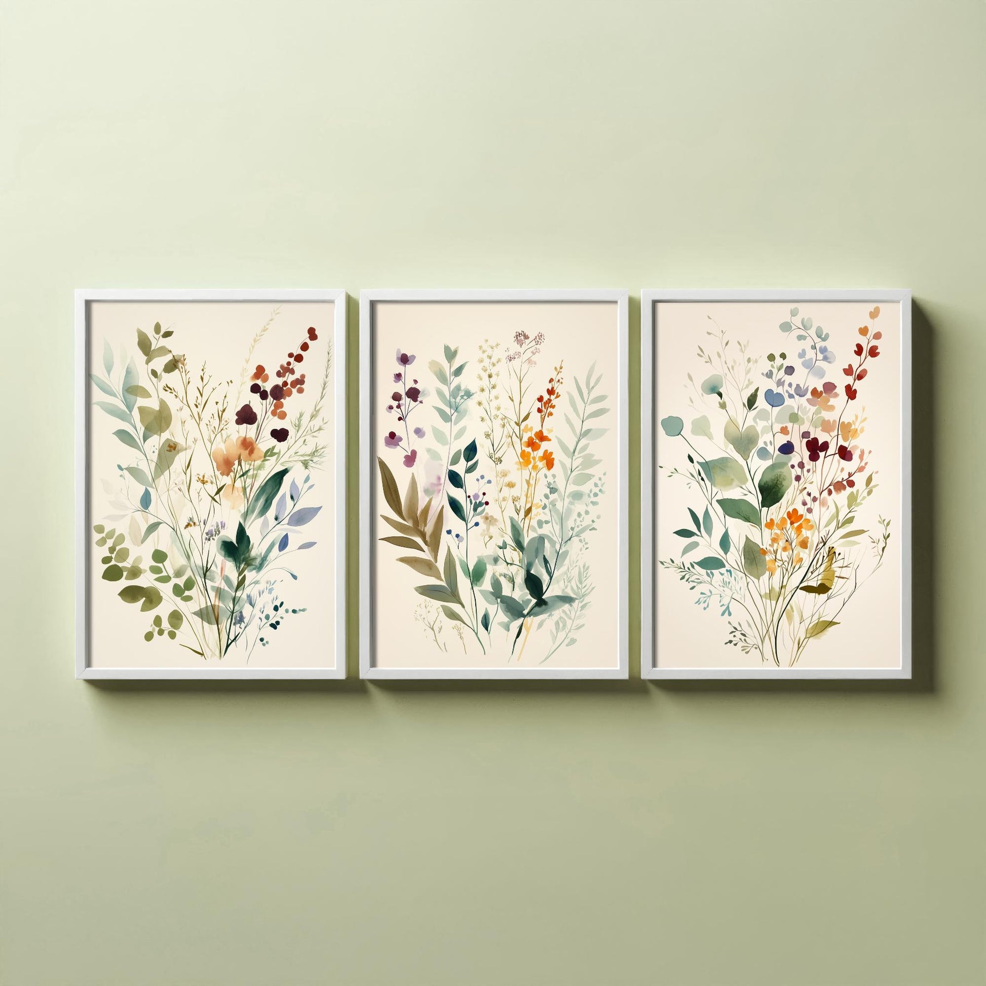 Vintage Floral Set of Three Art Prints | Sage Green Burgundy Wildflower Watercolour Poster V9