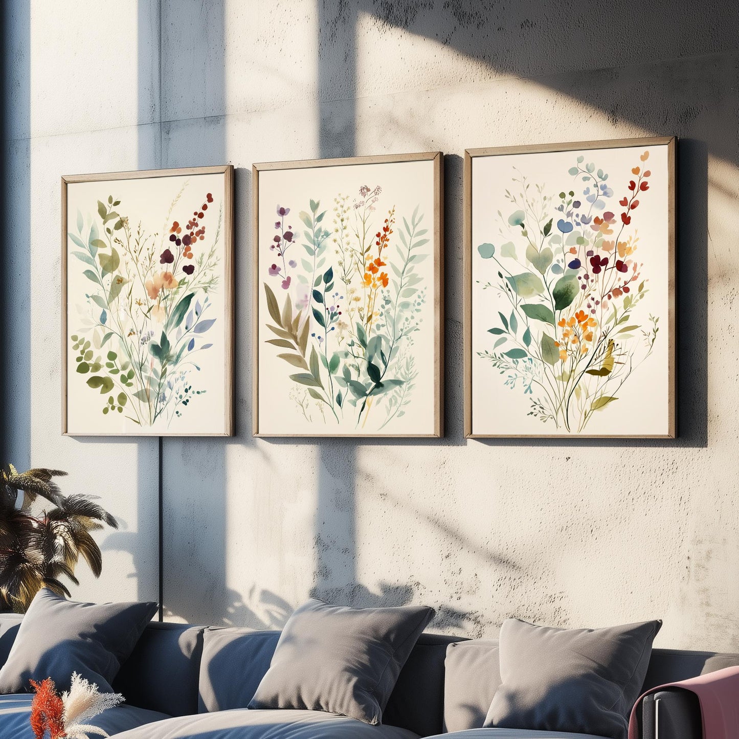 Vintage Floral Set of Three Art Prints | Sage Green Burgundy Wildflower Watercolour Poster V9