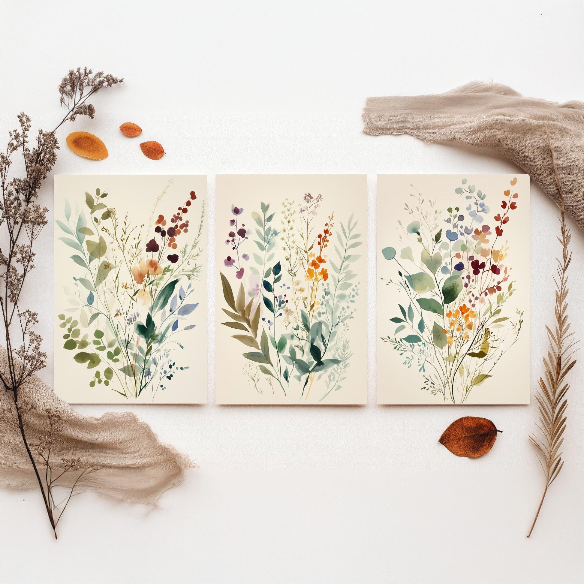 Vintage Floral Set of Three Art Prints | Sage Green Burgundy Wildflower Watercolour Poster V9