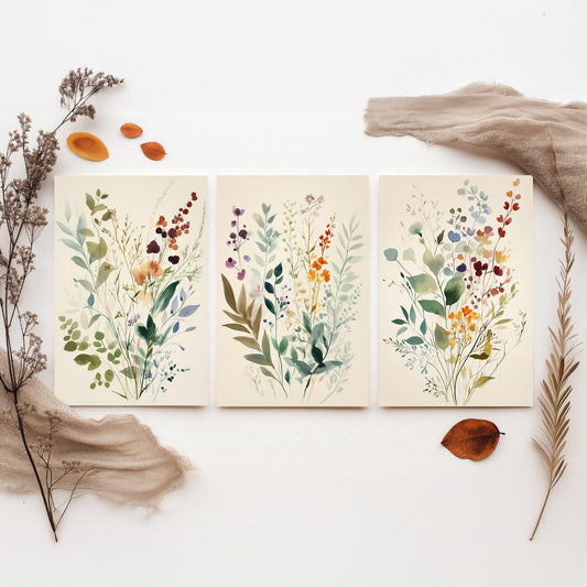 Vintage Floral Set of Three Art Prints | Sage Green Burgundy Wildflower Watercolour Poster V9