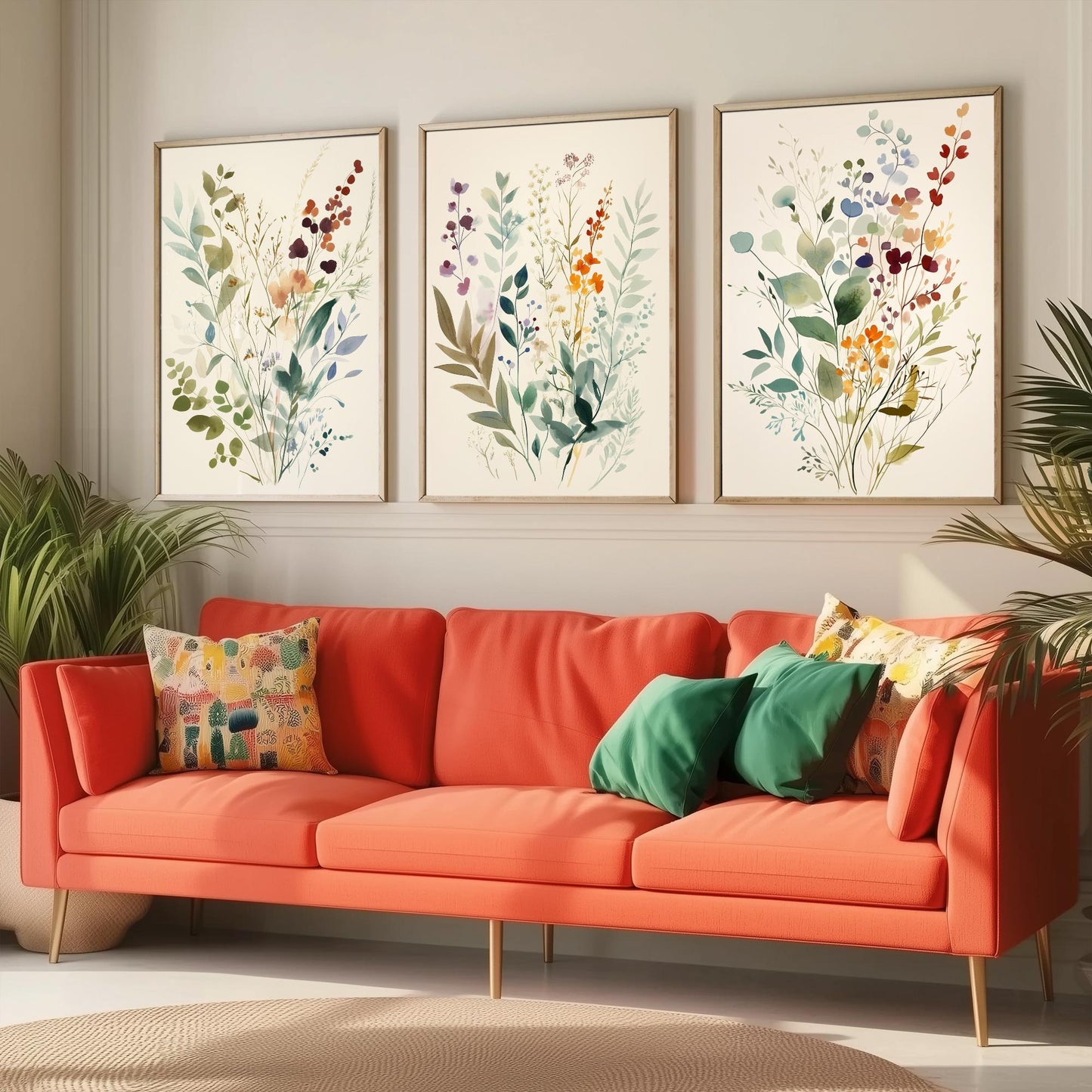 Vintage Floral Set of Three Art Prints | Sage Green Burgundy Wildflower Watercolour Poster V9