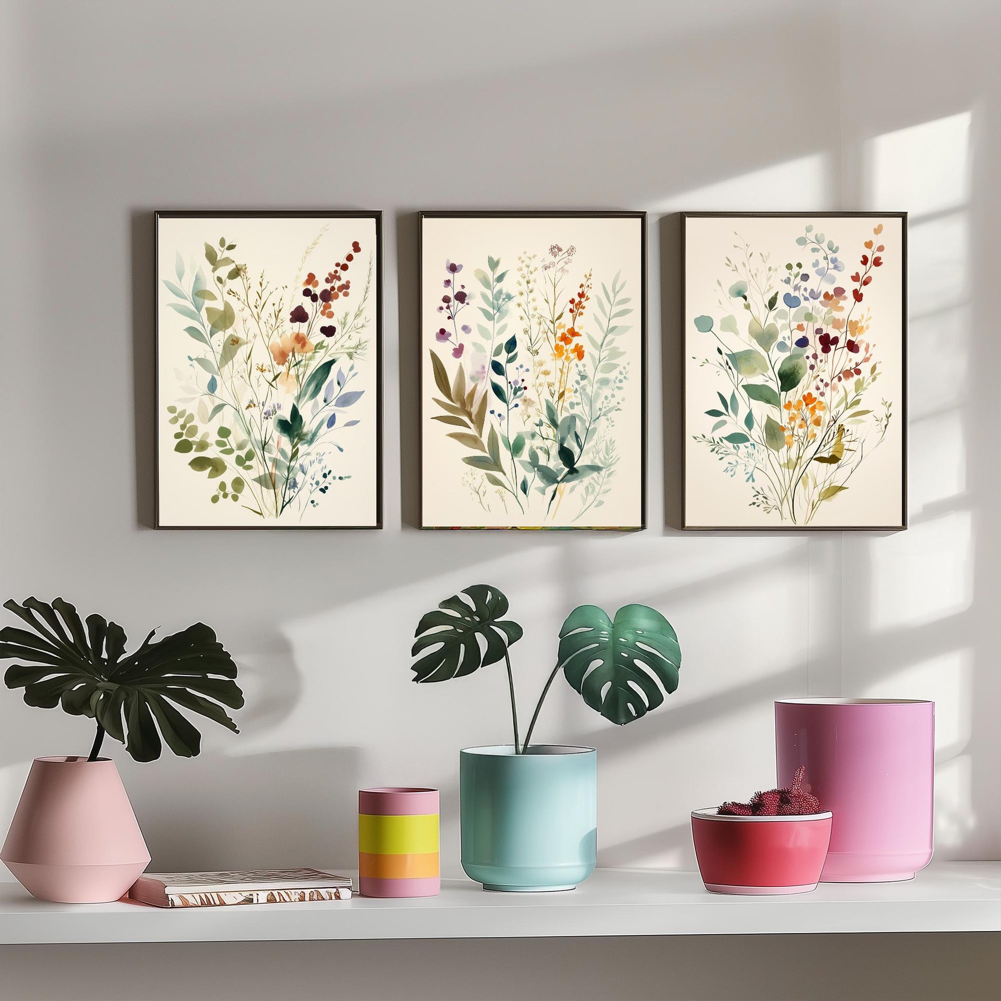 Vintage Floral Set of Three Art Prints | Sage Green Burgundy Wildflower Watercolour Poster V9