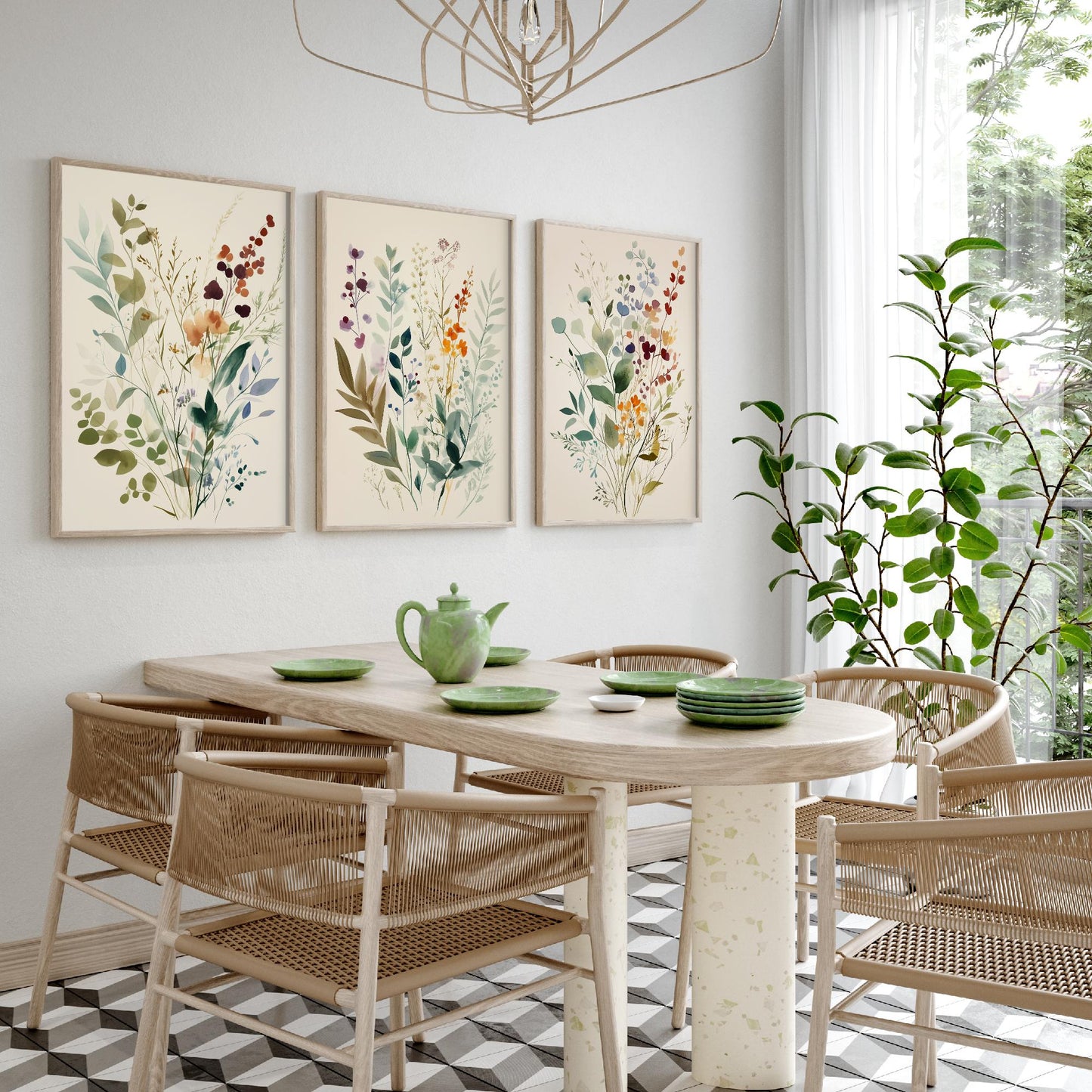 Vintage Floral Set of Three Art Prints | Sage Green Burgundy Wildflower Watercolour Poster V9