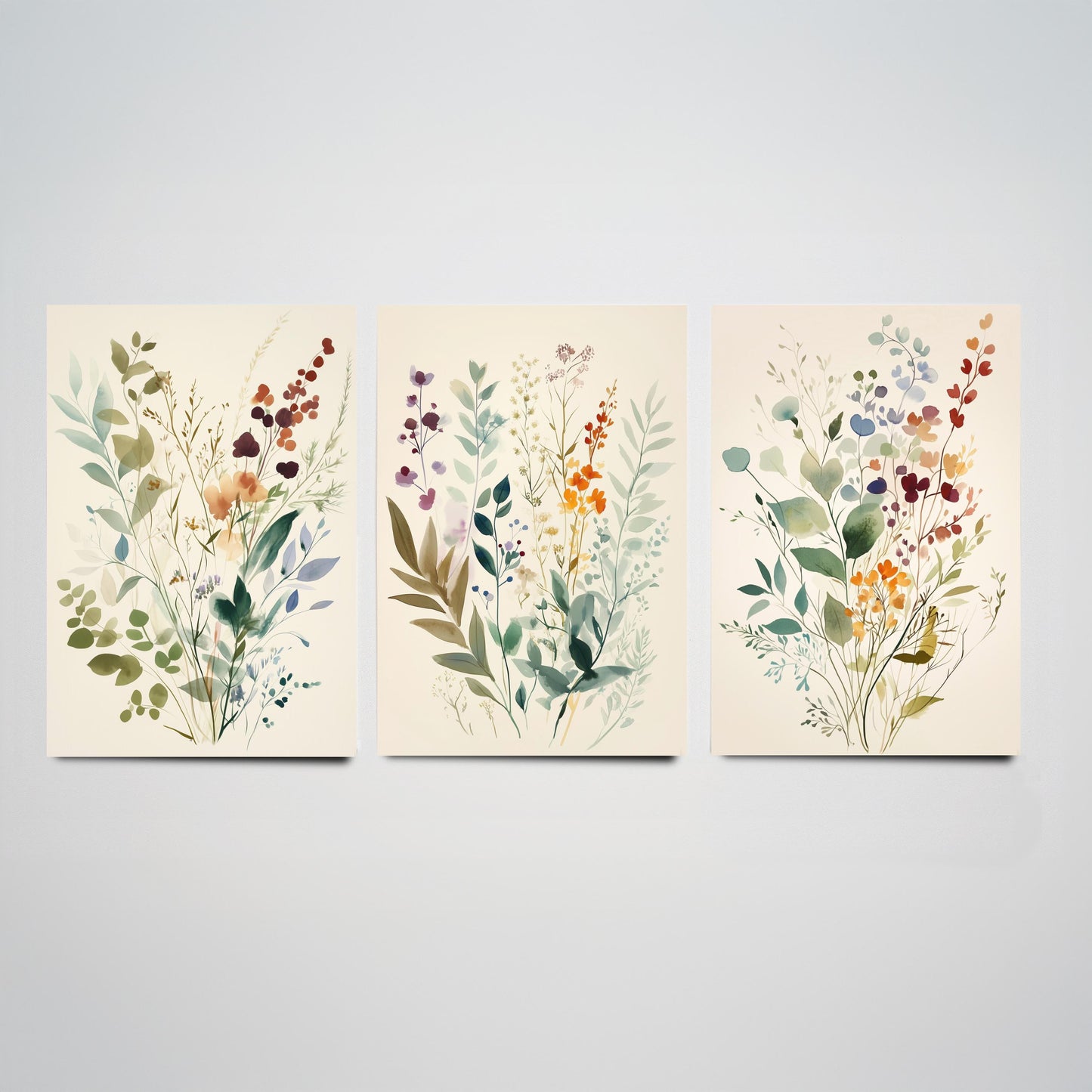 Vintage Floral Set of Three Art Prints | Sage Green Burgundy Wildflower Watercolour Poster V9