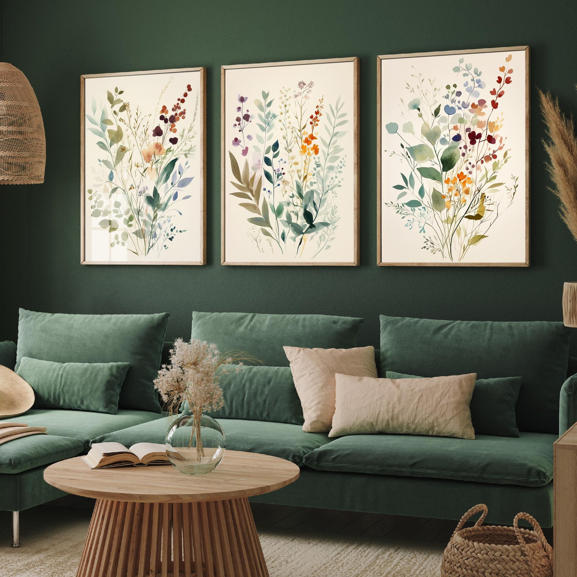 Vintage Floral Set of Three Art Prints | Sage Green Burgundy Wildflower Watercolour Poster V9