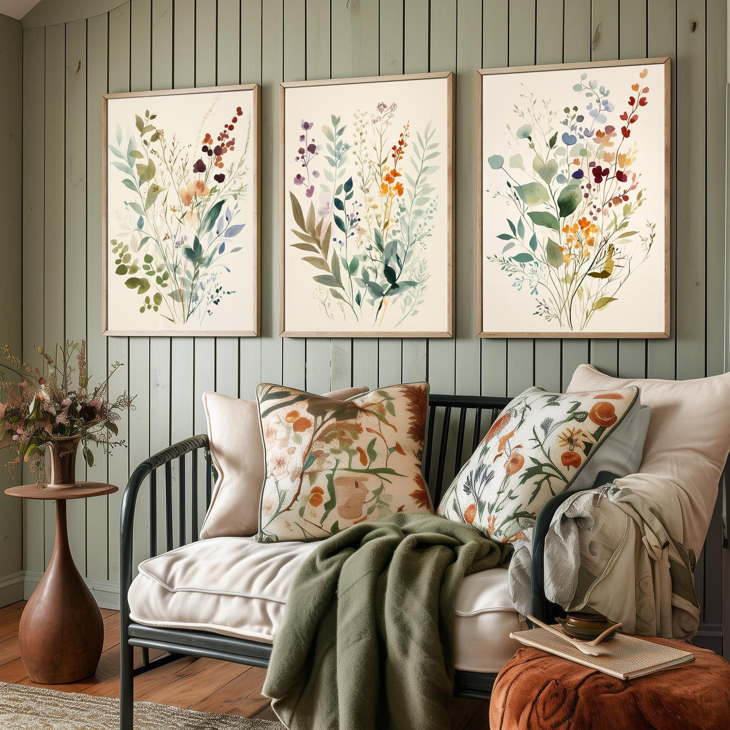 Vintage Floral Set of Three Art Prints | Sage Green Burgundy Wildflower Watercolour Poster V9