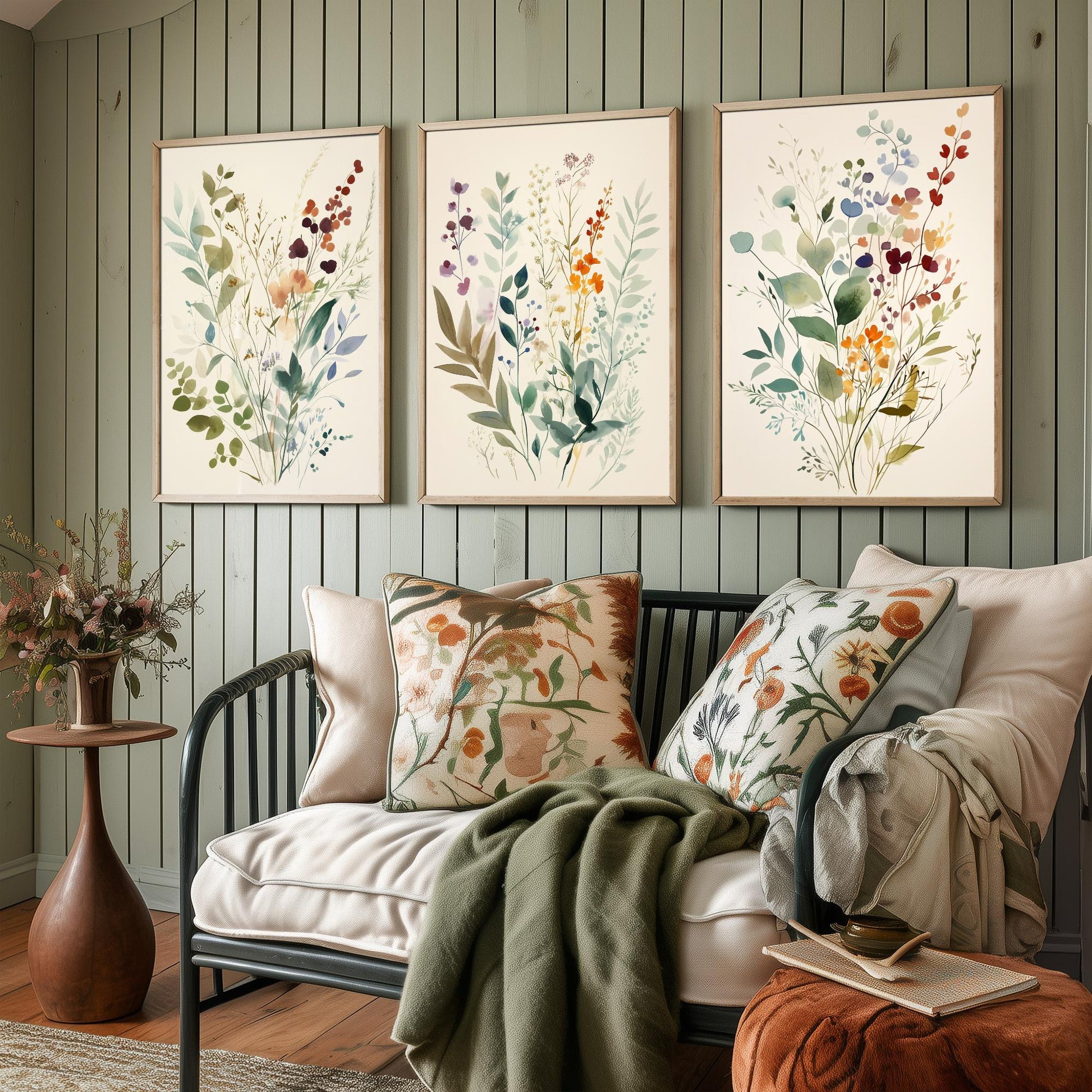 Vintage Floral Set of Three Art Prints | Sage Green Burgundy Wildflower Watercolour Poster V9