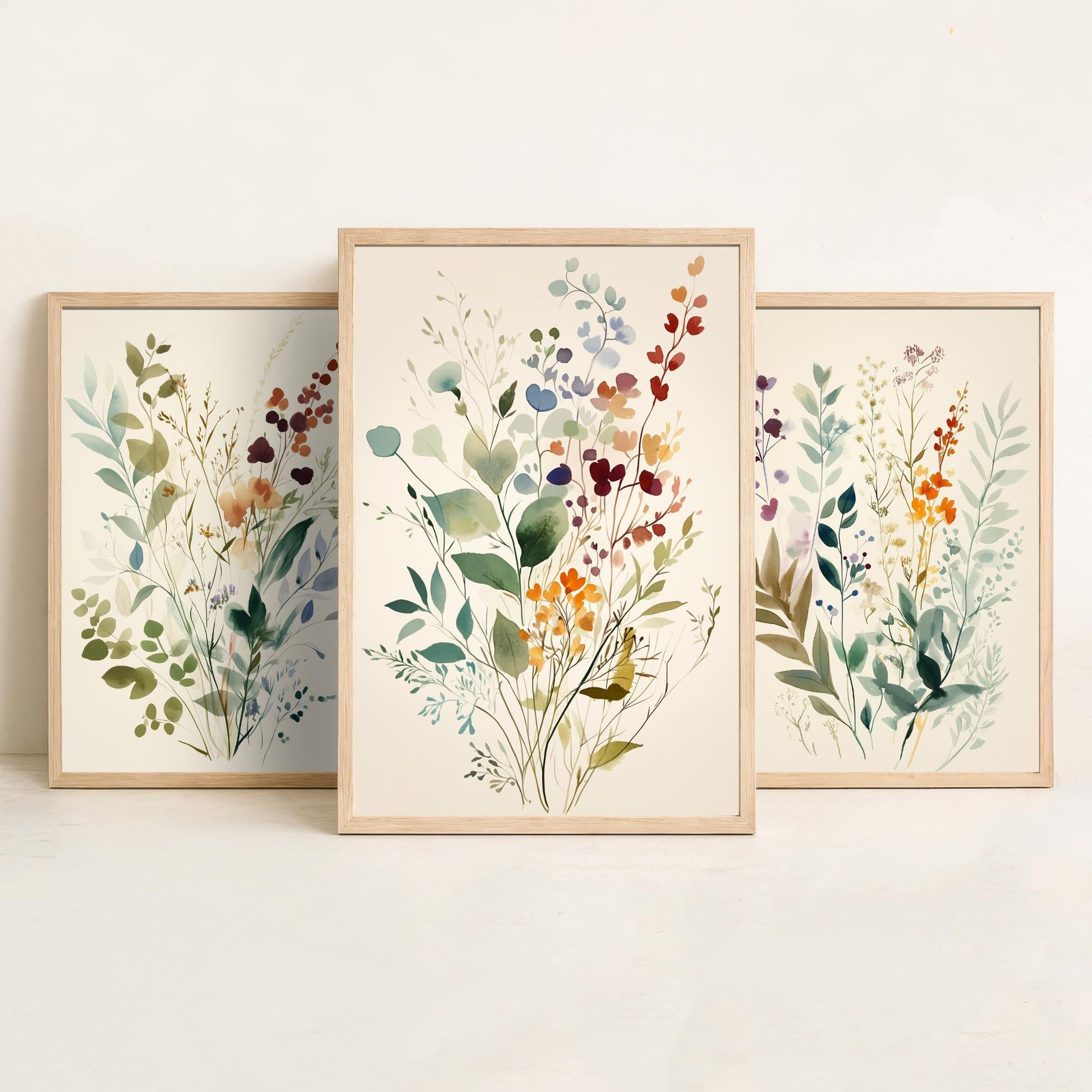 Vintage Floral Set of Three Art Prints | Sage Green Burgundy Wildflower Watercolour Poster V9