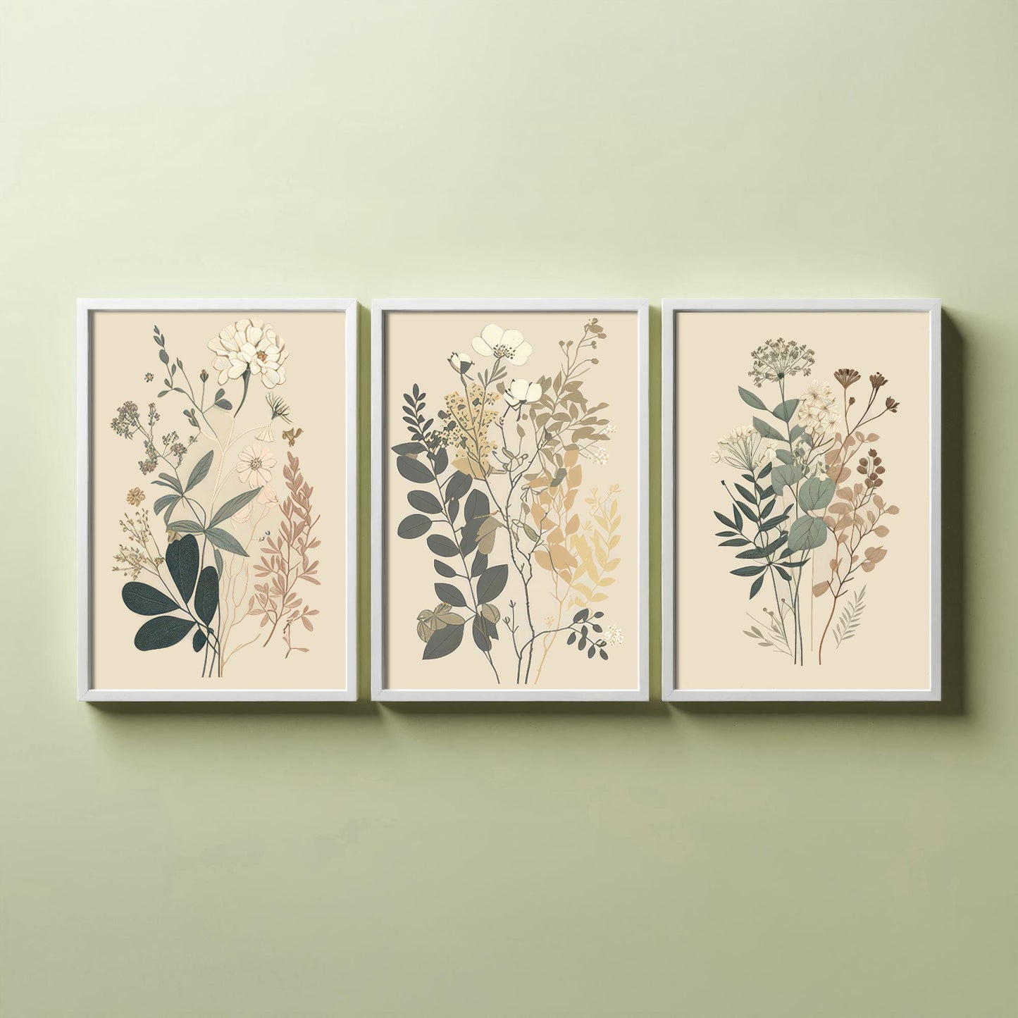 Vintage Botanical Wildflower Set of Three Art Print - Pressed Flower Illustration - Sage Floral Poster, Cottage Wall Art