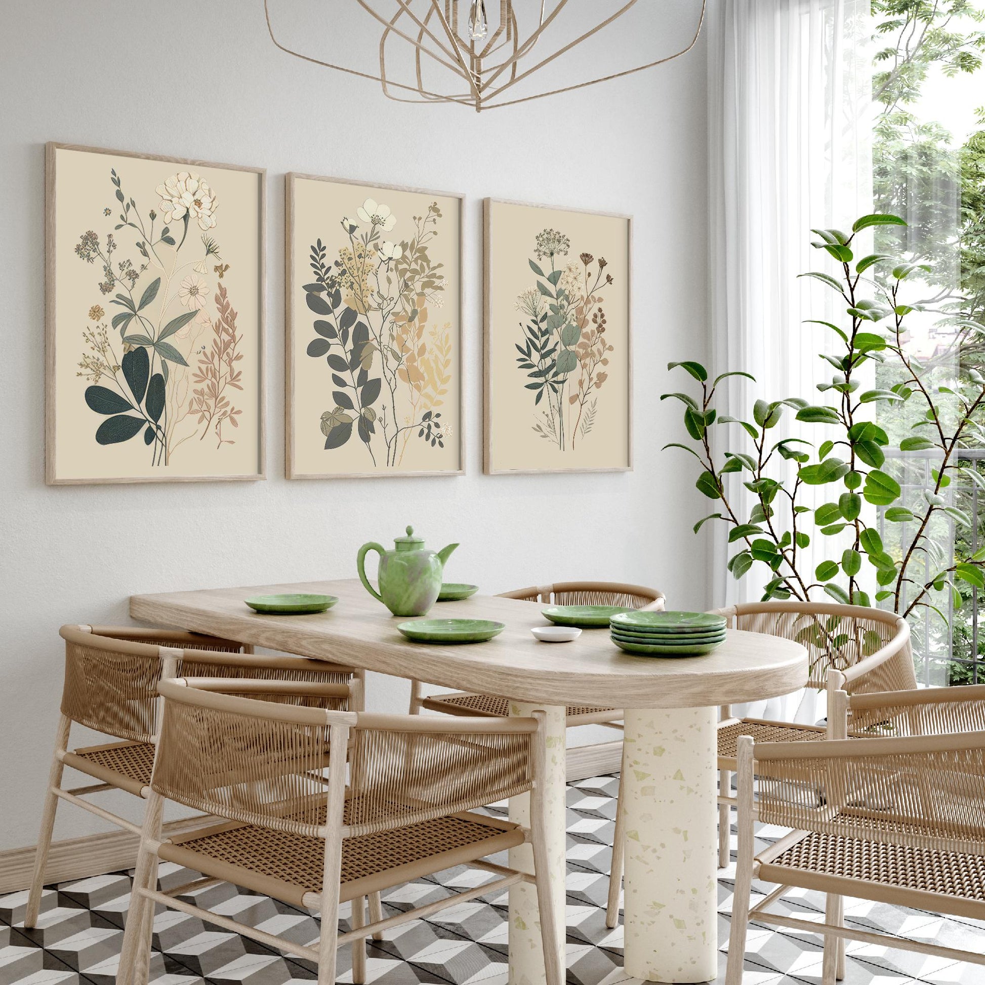 Vintage Botanical Wildflower Set of Three Art Print - Pressed Flower Illustration - Sage Floral Poster, Cottage Wall Art