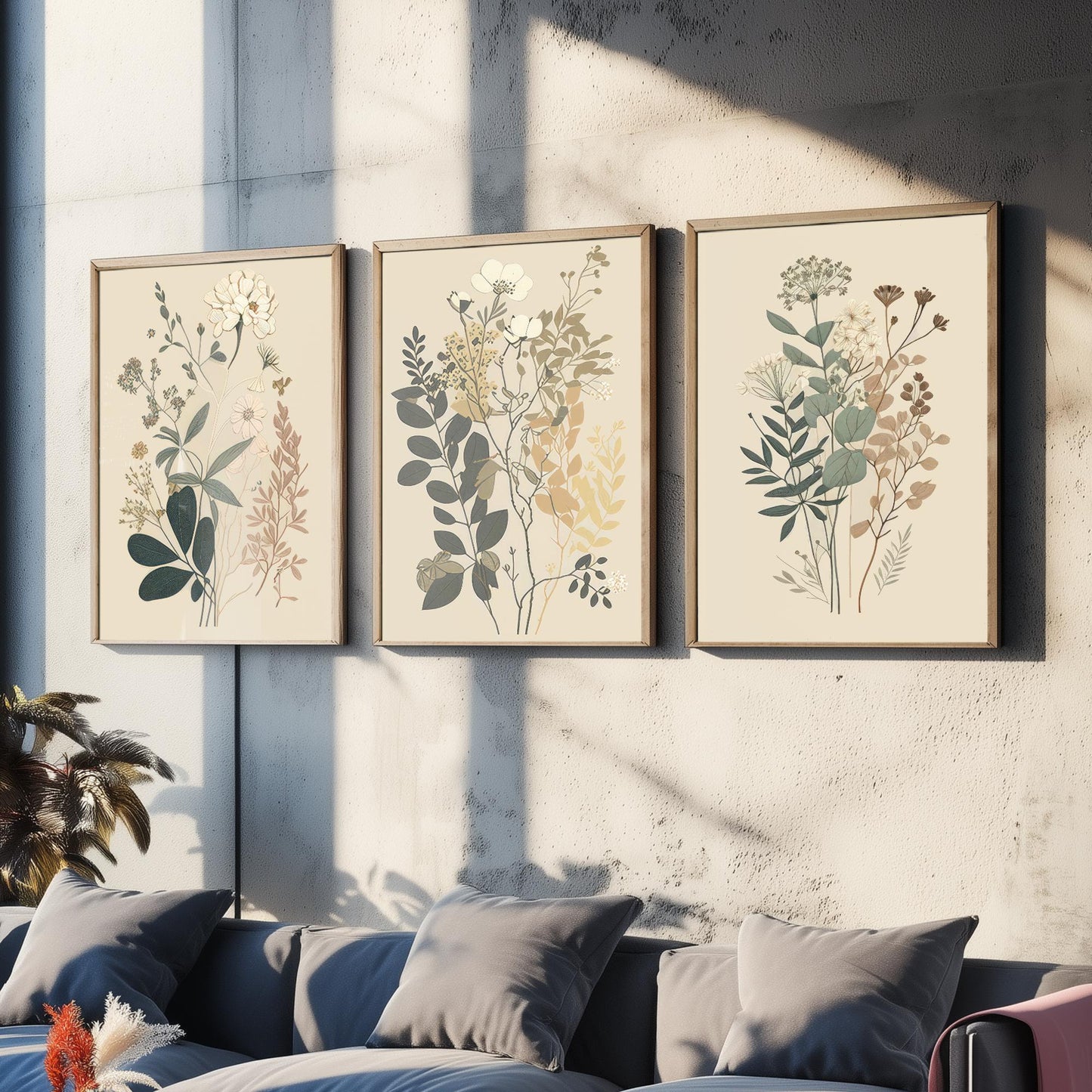 Vintage Botanical Wildflower Set of Three Art Print - Pressed Flower Illustration - Sage Floral Poster, Cottage Wall Art