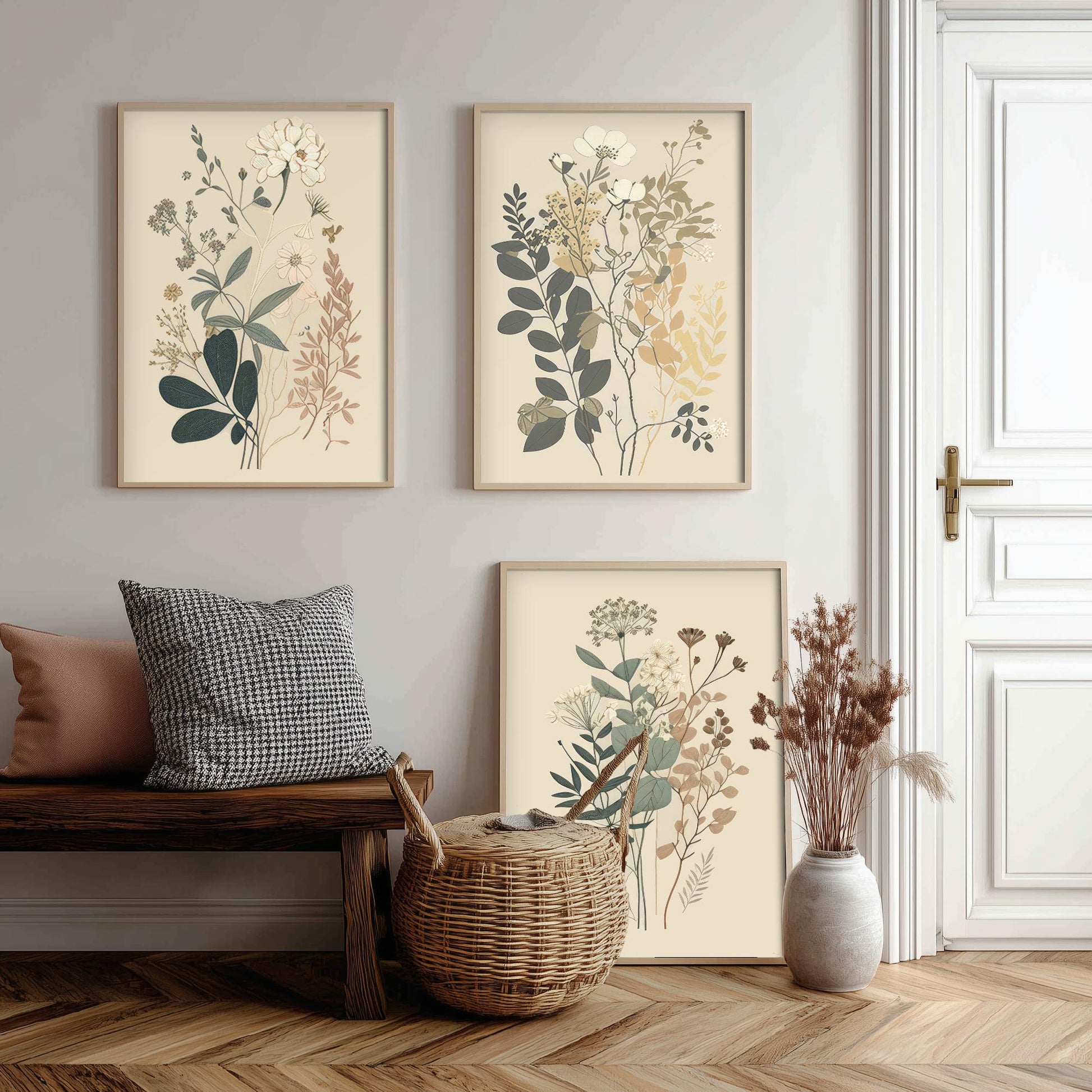 Vintage Botanical Wildflower Set of Three Art Print - Pressed Flower Illustration - Sage Floral Poster, Cottage Wall Art
