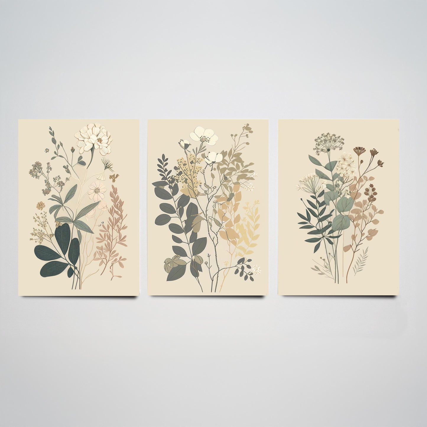 Vintage Botanical Wildflower Set of Three Art Print - Pressed Flower Illustration - Sage Floral Poster, Cottage Wall Art