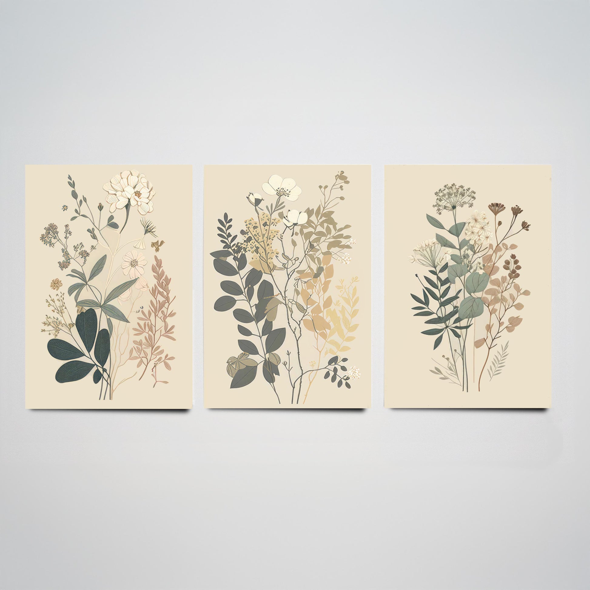 Vintage Botanical Wildflower Set of Three Art Print - Pressed Flower Illustration - Sage Floral Poster, Cottage Wall Art