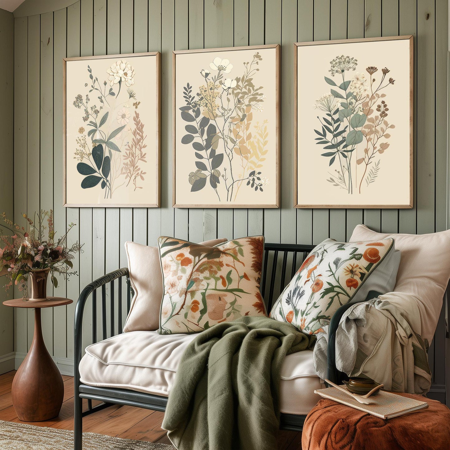Vintage Botanical Wildflower Set of Three Art Print - Pressed Flower Illustration - Sage Floral Poster, Cottage Wall Art