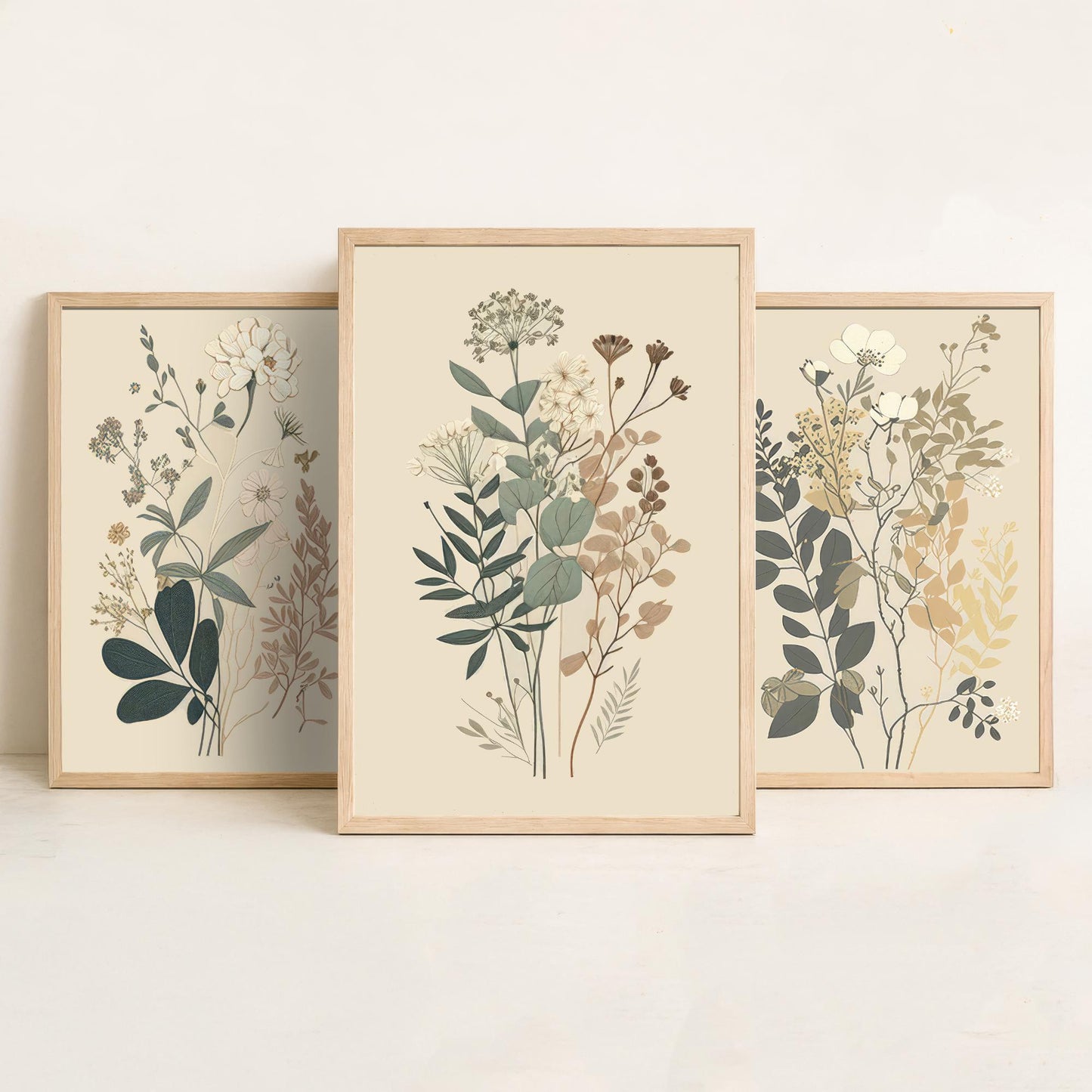 Vintage Botanical Wildflower Set of Three Art Print - Pressed Flower Illustration - Sage Floral Poster, Cottage Wall Art