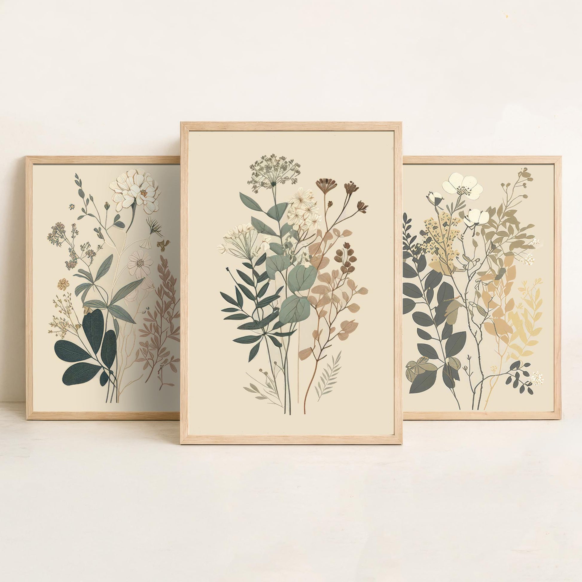 Vintage Botanical Wildflower Set of Three Art Print - Pressed Flower Illustration - Sage Floral Poster, Cottage Wall Art