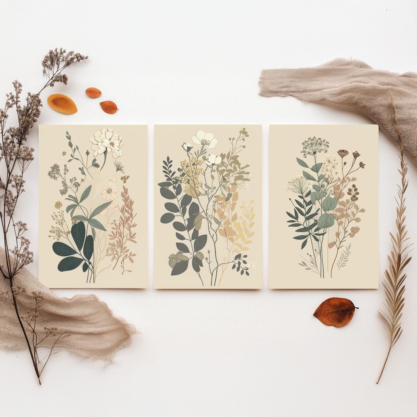 Vintage Botanical Wildflower Set of Three Art Print - Pressed Flower Illustration - Sage Floral Poster, Cottage Wall Art