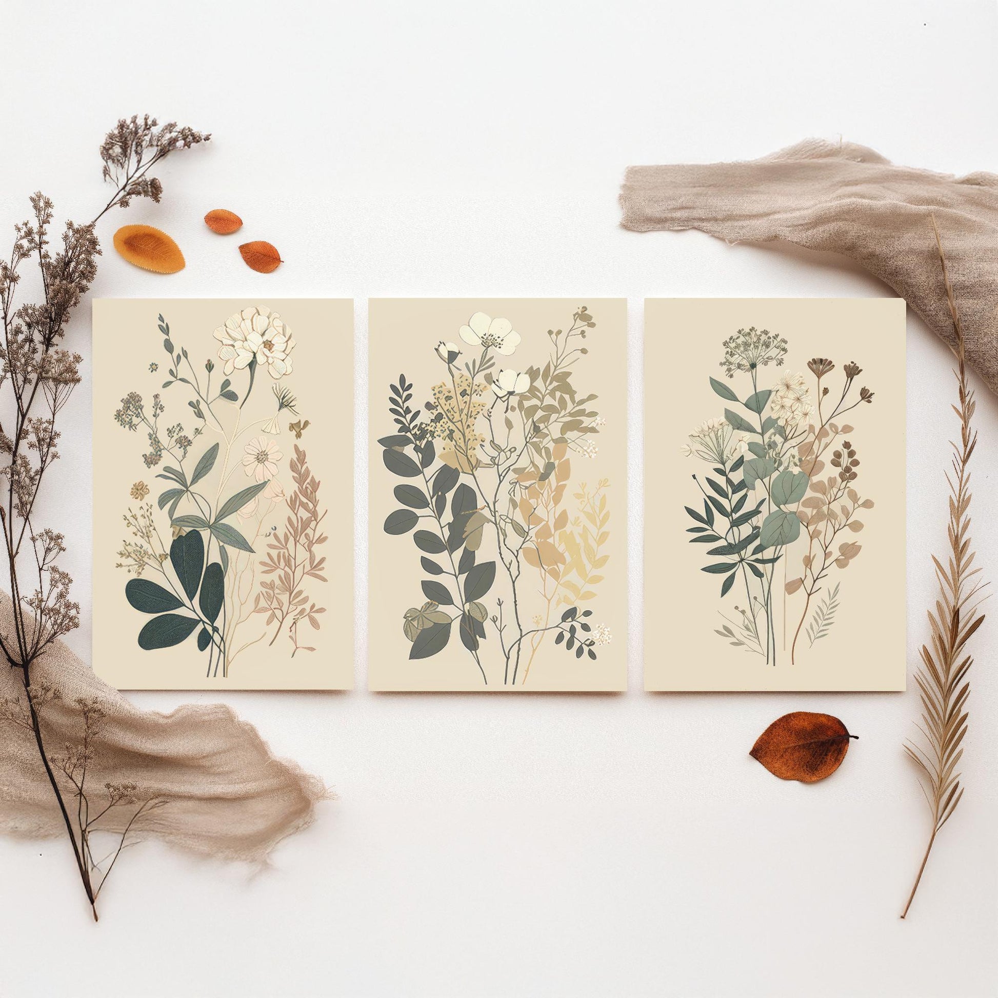 Vintage Botanical Wildflower Set of Three Art Print - Pressed Flower Illustration - Sage Floral Poster, Cottage Wall Art