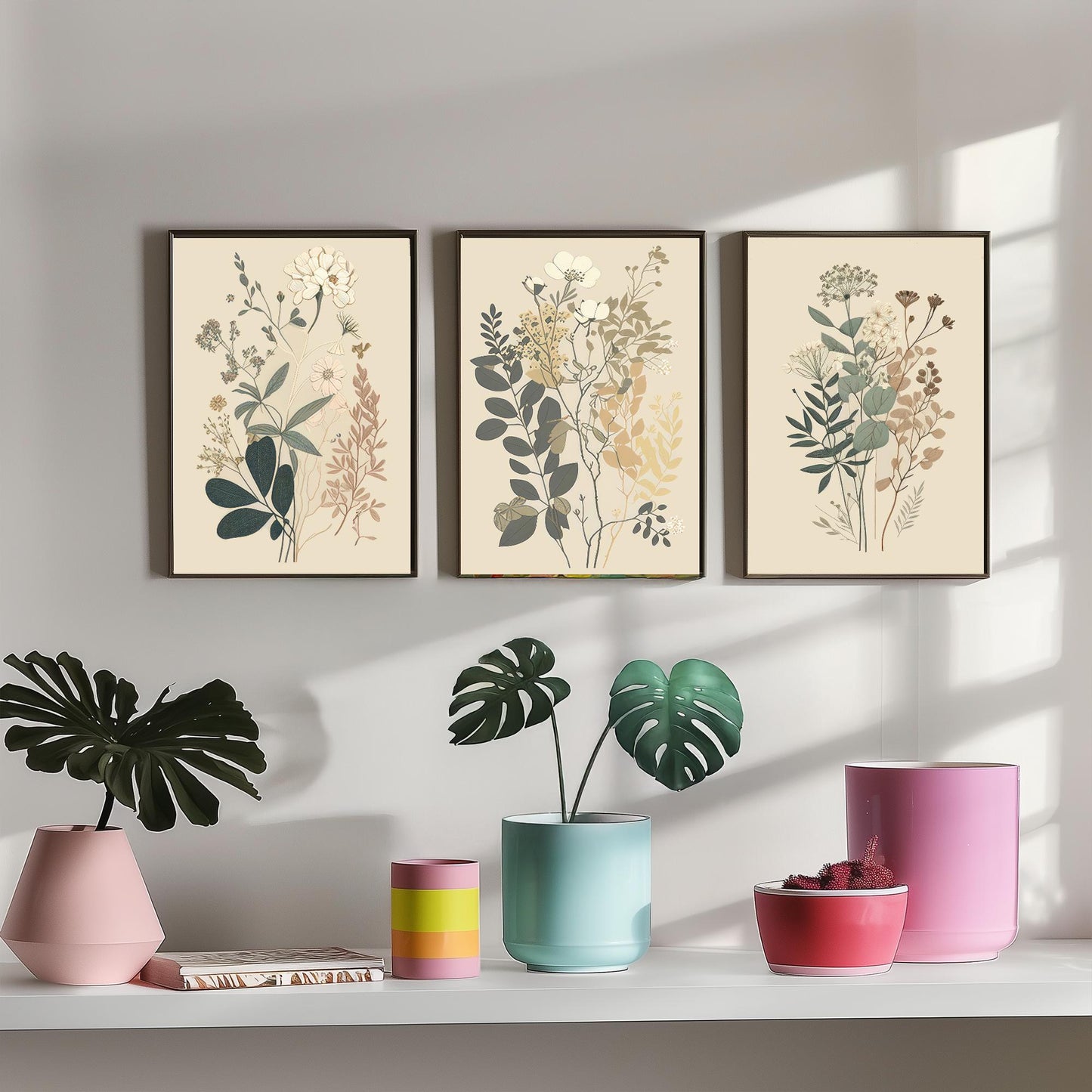 Vintage Botanical Wildflower Set of Three Art Print - Pressed Flower Illustration - Sage Floral Poster, Cottage Wall Art