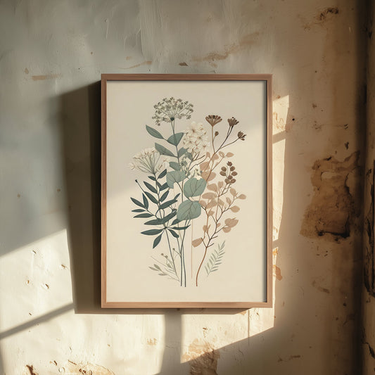 Wildflower Bouquet Art Print - Vintage Floral Illustration - Muted Sage Cream and Taupe Botanical Poster - Dried Flower Stems