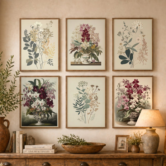 Set of Six Vintage Orchid Art Prints - 6 Botanical Still Life Posters - Maroon, Pink and White Orchids in Urns, Sage Sprigs Illustration