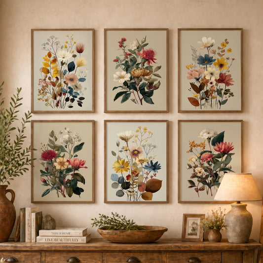 Set of Six Vintage Wildflower Bouquet Art Prints - 6 Pressed Flower Posters - Mustard, Rust, Dusty Blue and Crimson on Taupe Illustration