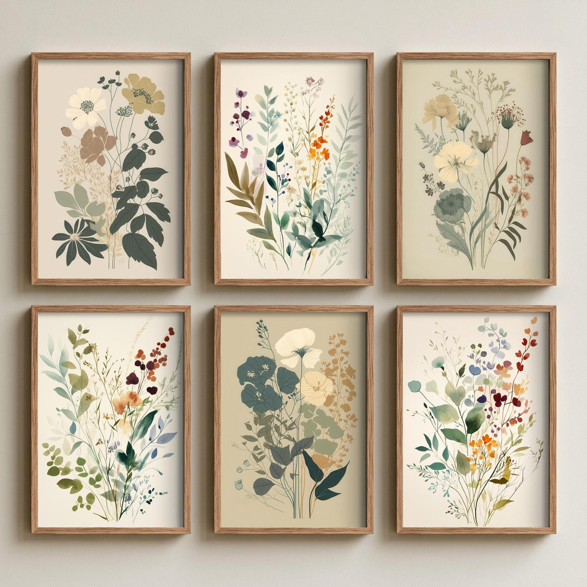 Set of Six Muted Botanical Art Prints - 6 Sage and Cream Wildflower Posters - Soft Neutral Leaves, Berries and Blooms Watercolour Painting