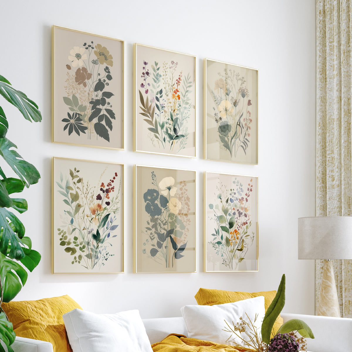 Set of Six Muted Botanical Art Prints - 6 Sage and Cream Wildflower Posters - Soft Neutral Leaves, Berries and Blooms Watercolour Painting