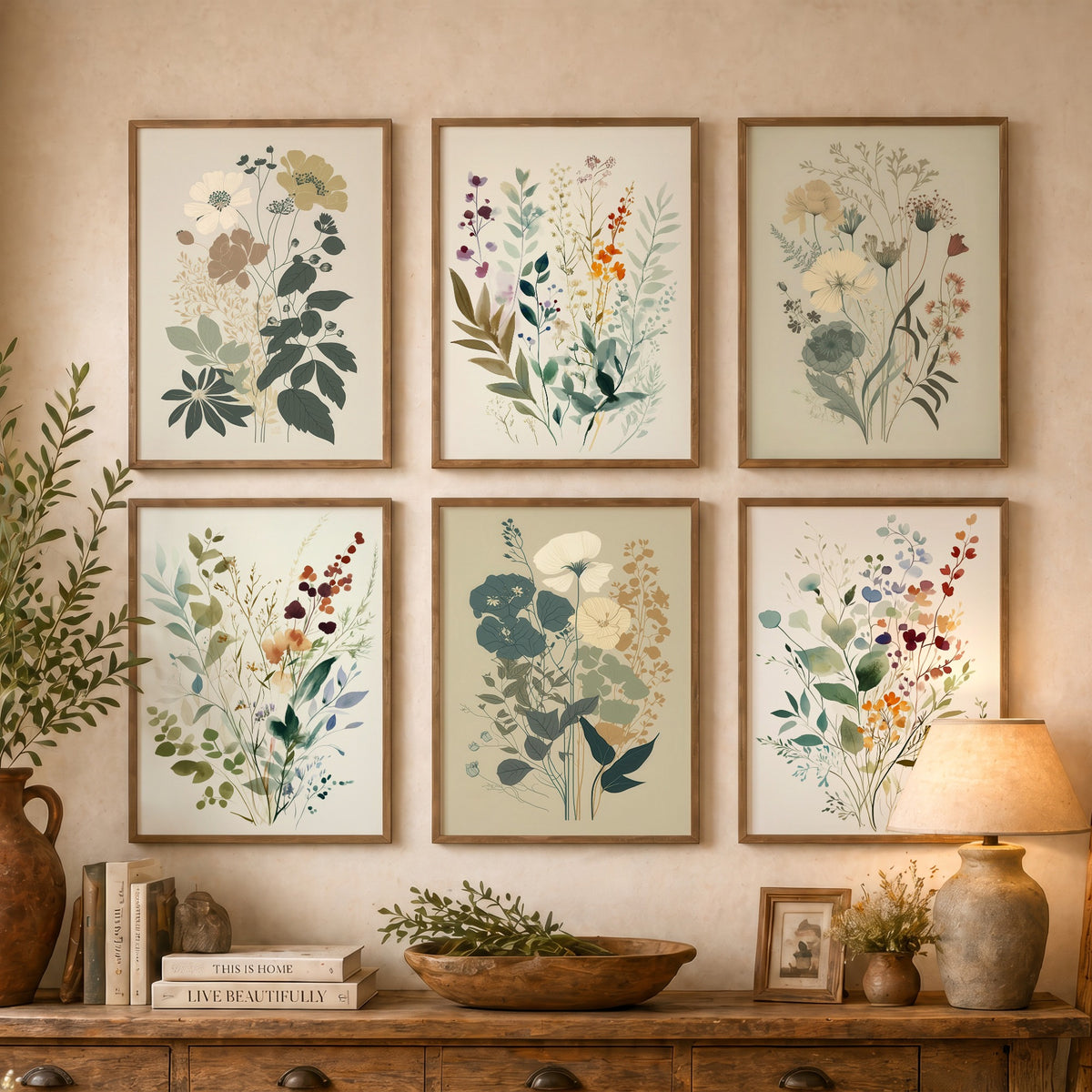Set of Six Muted Botanical Art Prints - 6 Sage and Cream Wildflower Posters - Soft Neutral Leaves, Berries and Blooms Watercolour Painting