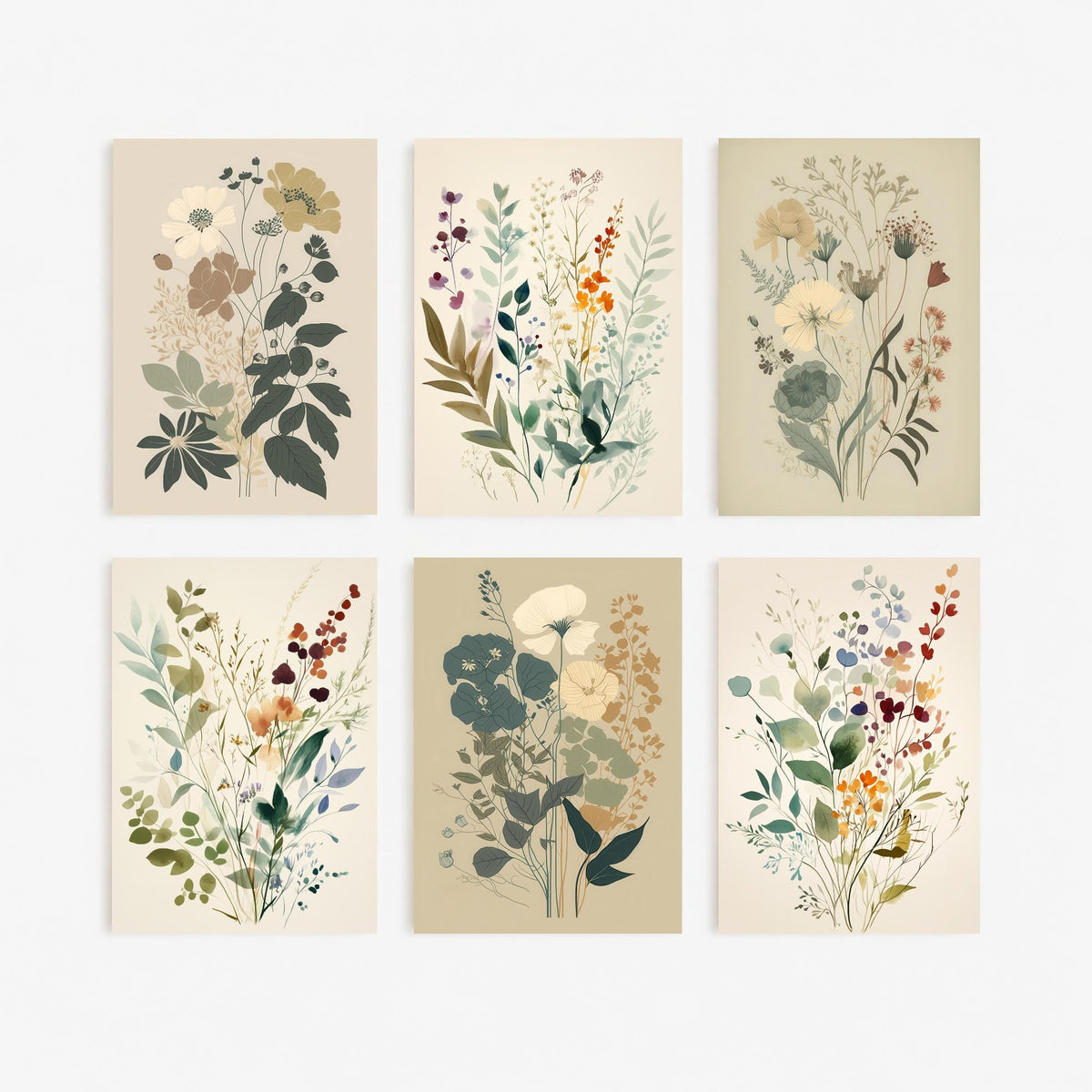 Set of Six Muted Botanical Art Prints - 6 Sage and Cream Wildflower Posters - Soft Neutral Leaves, Berries and Blooms Watercolour Painting