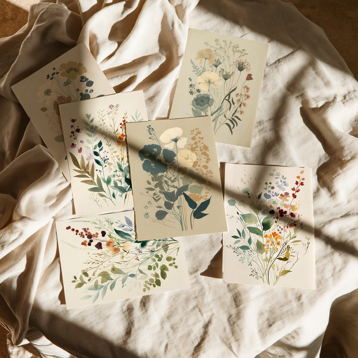 Set of Six Muted Botanical Art Prints - 6 Sage and Cream Wildflower Posters - Soft Neutral Leaves, Berries and Blooms Watercolour Painting