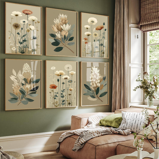 Set of Six Neutral Poppy and Protea Art Prints - 6 Khaki Botanical Posters - Cream Poppies, Dandelion Clocks, Banksia Illustration