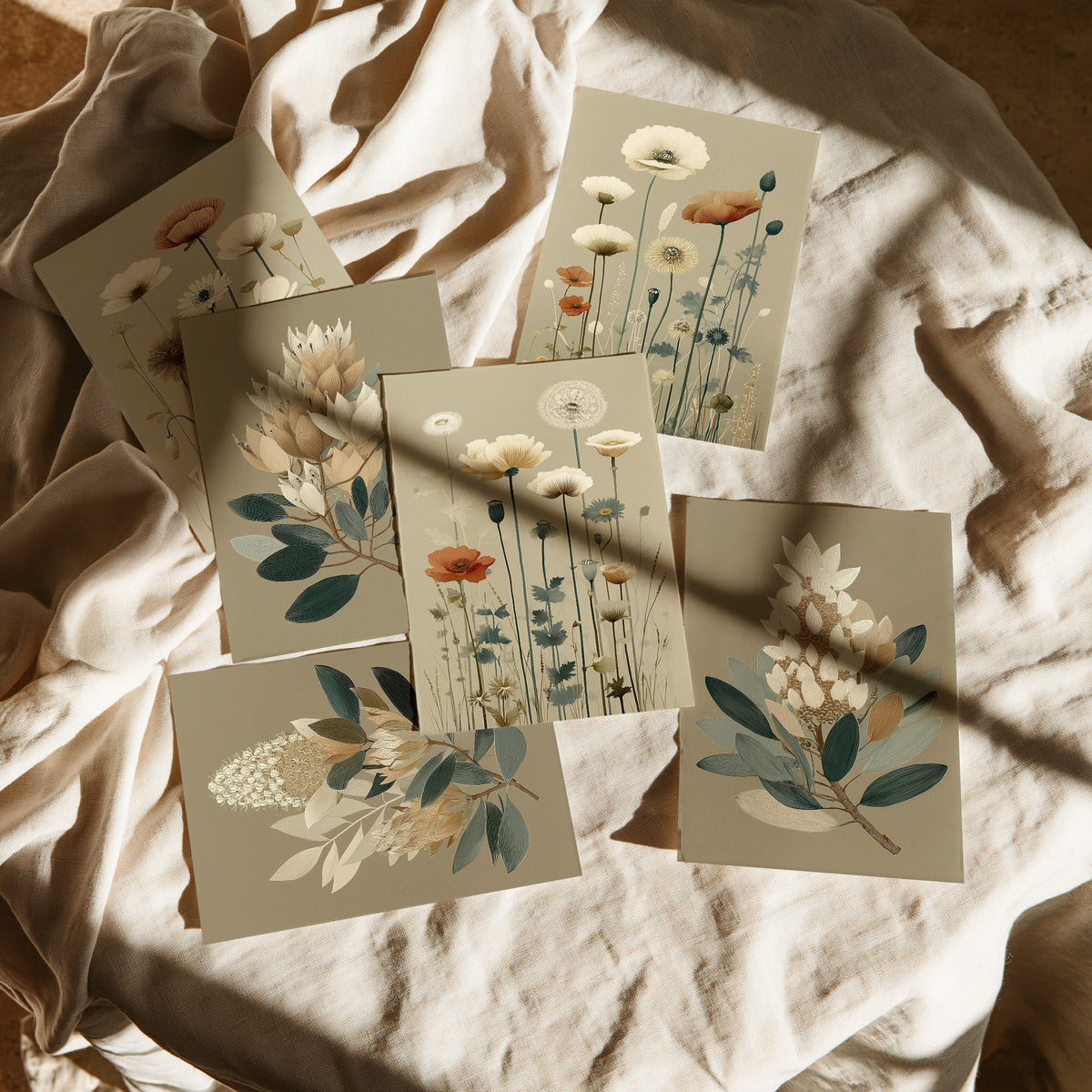 Set of Six Neutral Poppy and Protea Art Prints - 6 Khaki Botanical Posters - Cream Poppies, Dandelion Clocks, Banksia Illustration