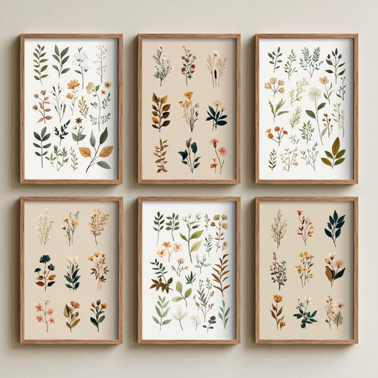 Set of Six Botanical Sampler Art Prints - 6 Pressed Leaf and Flower Posters - Sage, Rust and Blush Sprigs on White and Beige Illustration