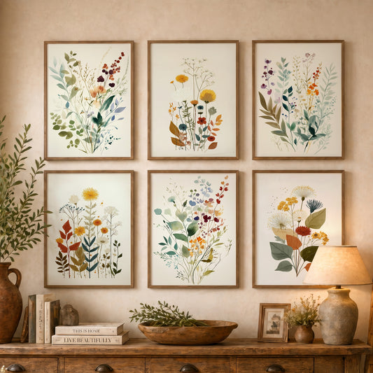 Set of Six Watercolour Wildflower Art Prints - 6 Meadow Flower Posters - Yellow, Orange, Rust and Sage Botanical Painting