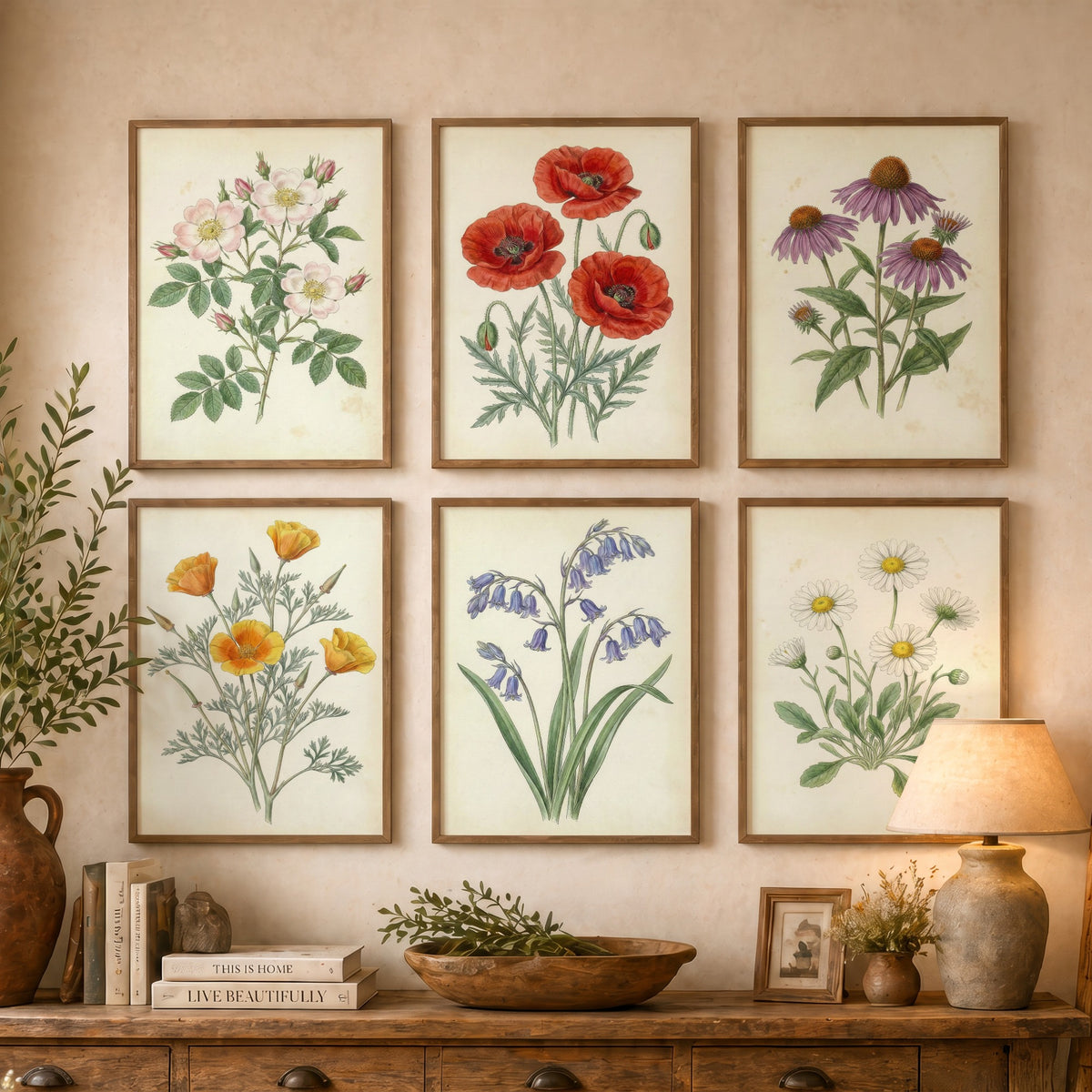 Set of Six Wildflower Art Prints - 6 Antique Botanical Posters - Wild Rose, Poppy, Echinacea, California Poppy, Bluebell, Daisy Illustration